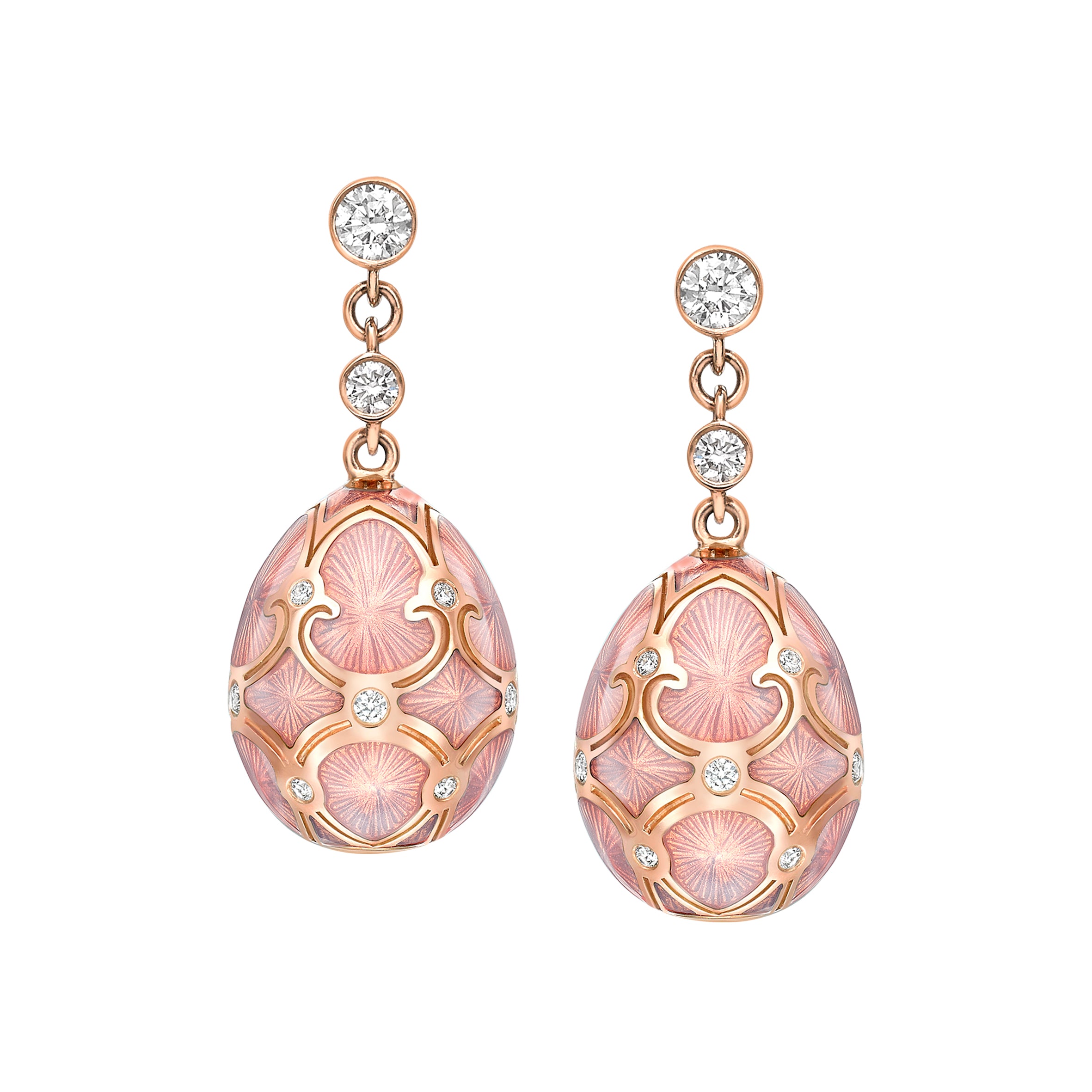 Heritage Rose Gold Diamond & Pink Guilloché Enamel Egg Drop Earrings