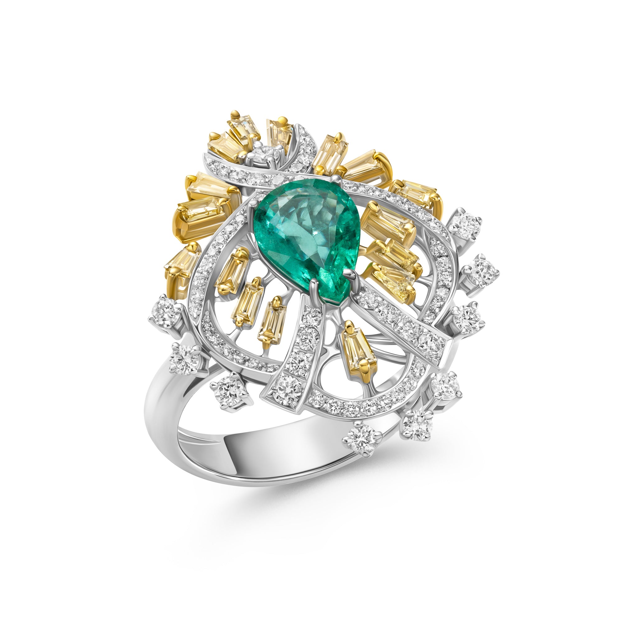 18KT WHITE GOLD RING CENTER PEAR CUT EMERALD WITH DIAMONDS