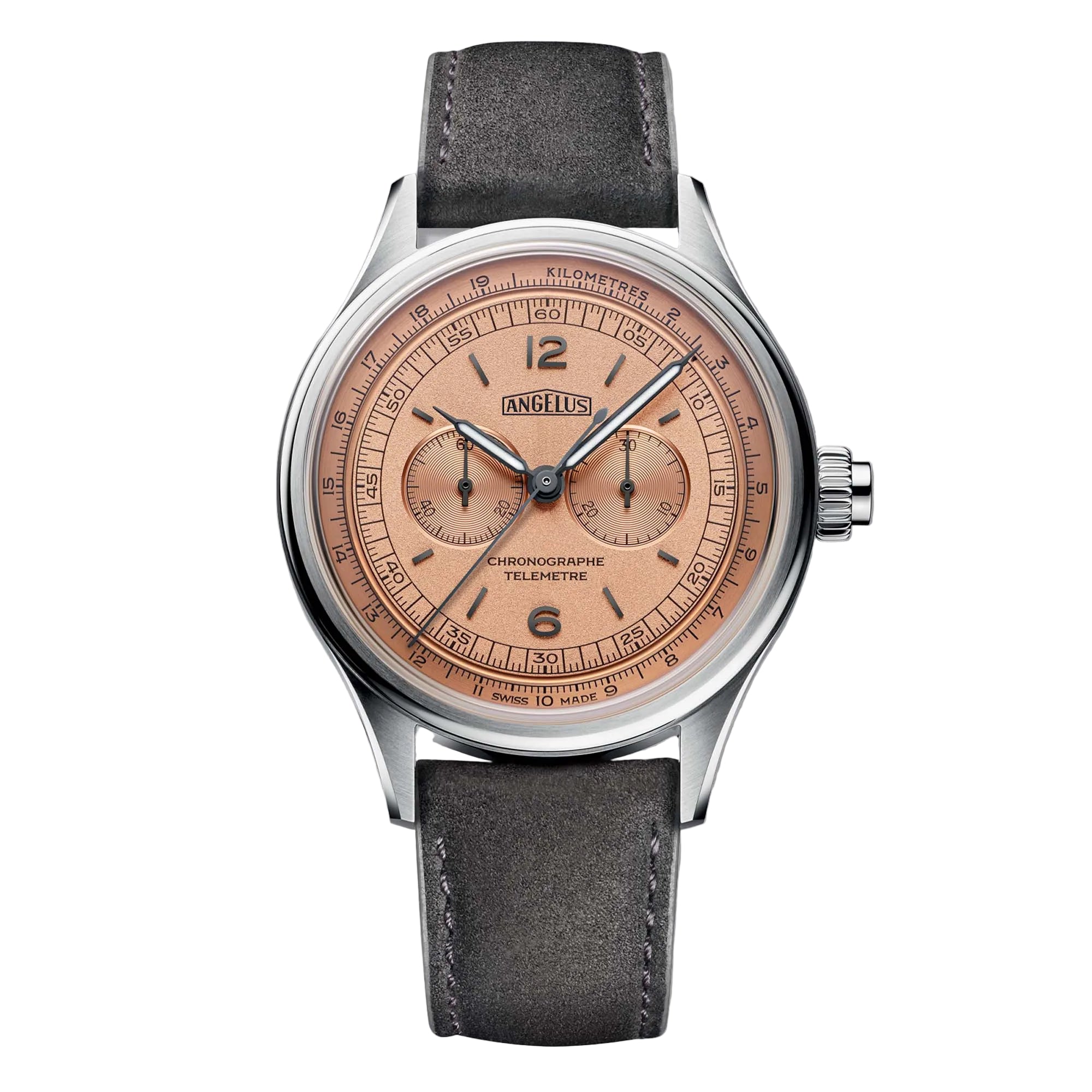Angelus Chronographe Télémetre Steel Rose, a rare limited edition of 25 pieces, blending vintage chronograph design with modern craftsmanship.