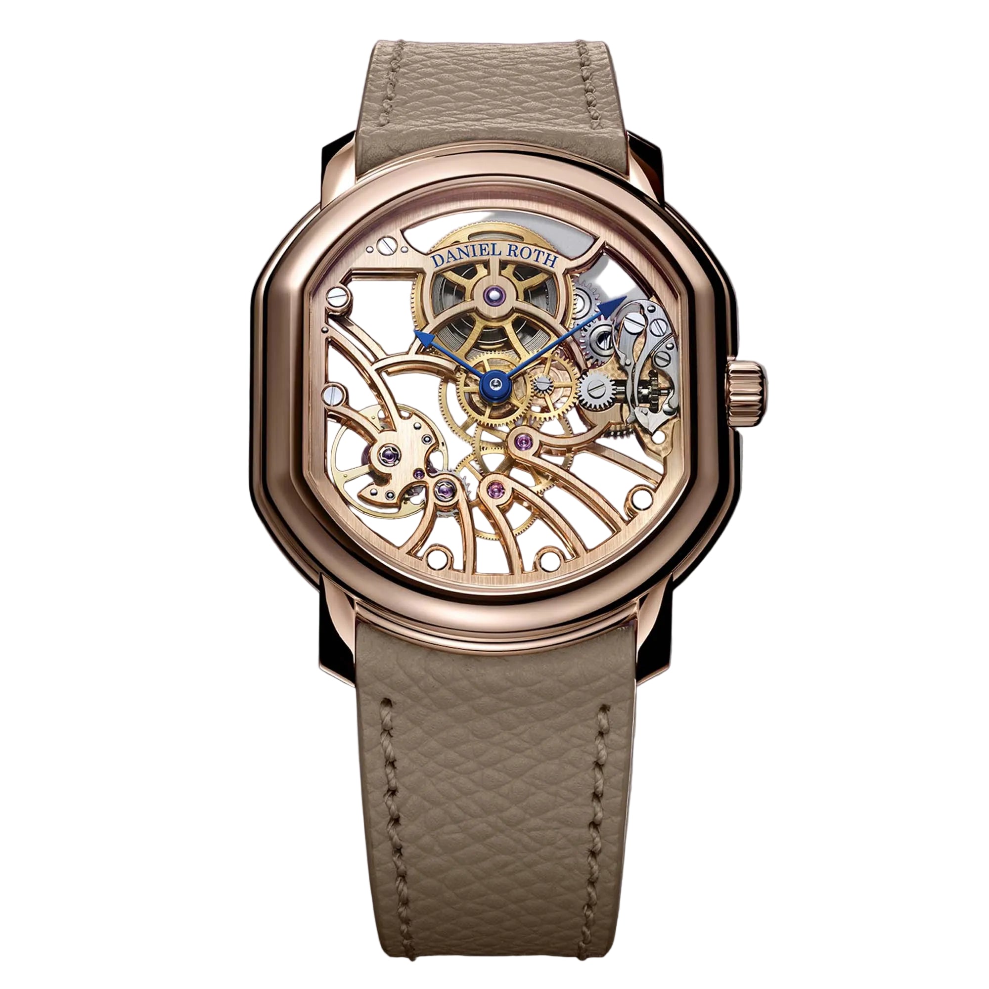 Ultra thin rose gold elegance from Daniel Roth. The Extra Plat Skeleton DBBD01A1 reveals hand finished movement architecture in a refined double ellipse case, combining horological purity with contemporary transparency.