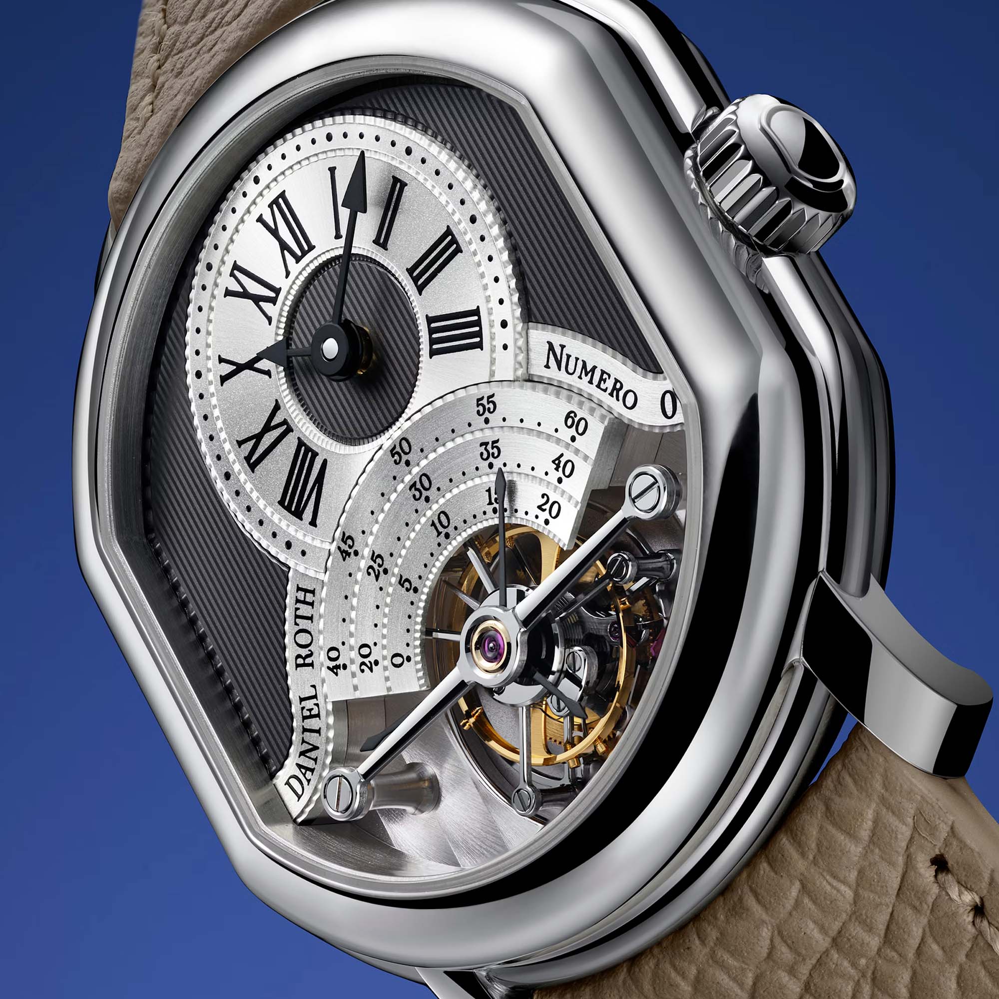 The Tourbillon Platinum by Daniel Roth features a platinum case, a white gold guilloché dial and the hand finished DR001 movement revealed through a sapphire case back.