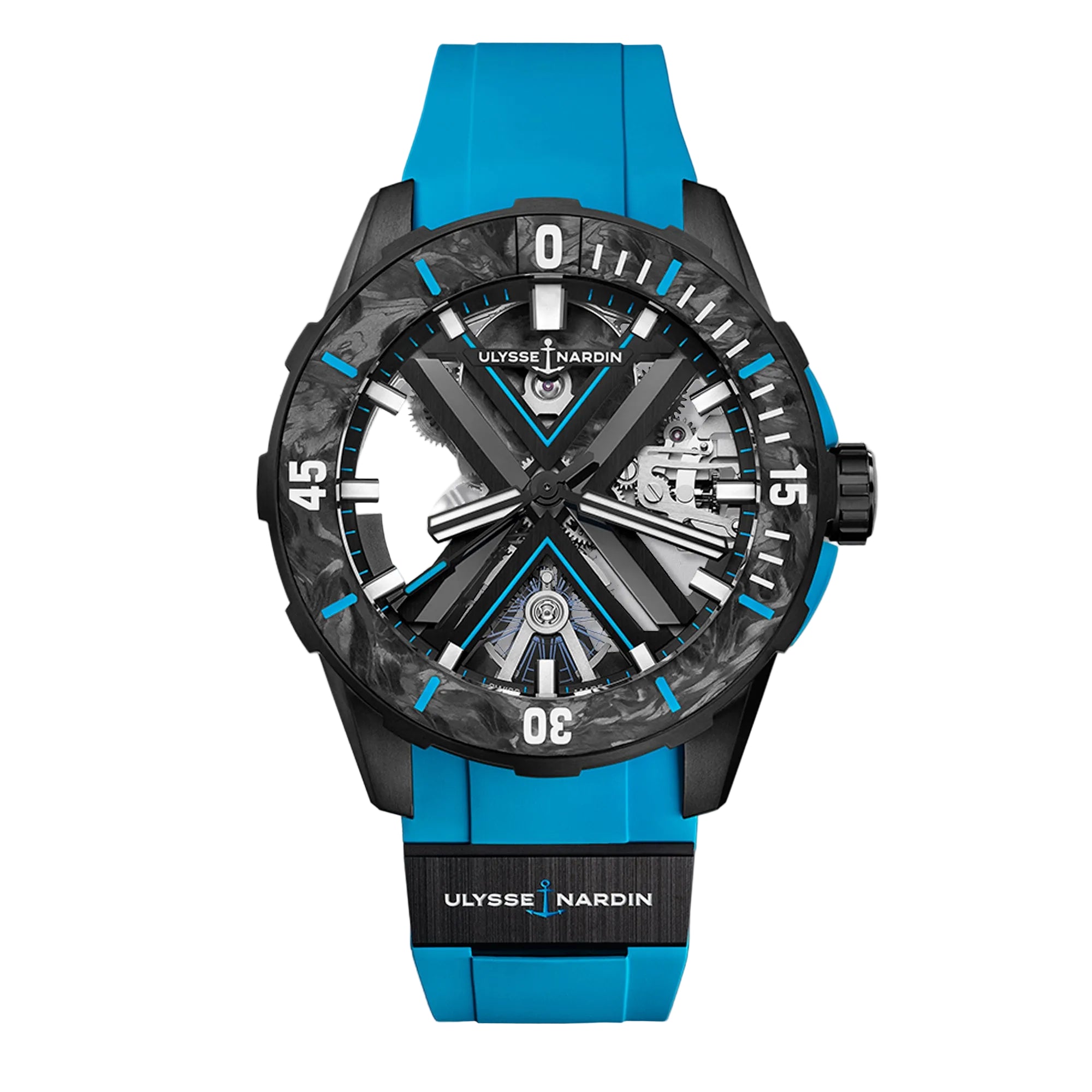 Ulysse Nardin Diver X Skeleton Azure 44mm, a bold skeletonised diver’s watch combining titanium strength with striking azure blue accents.