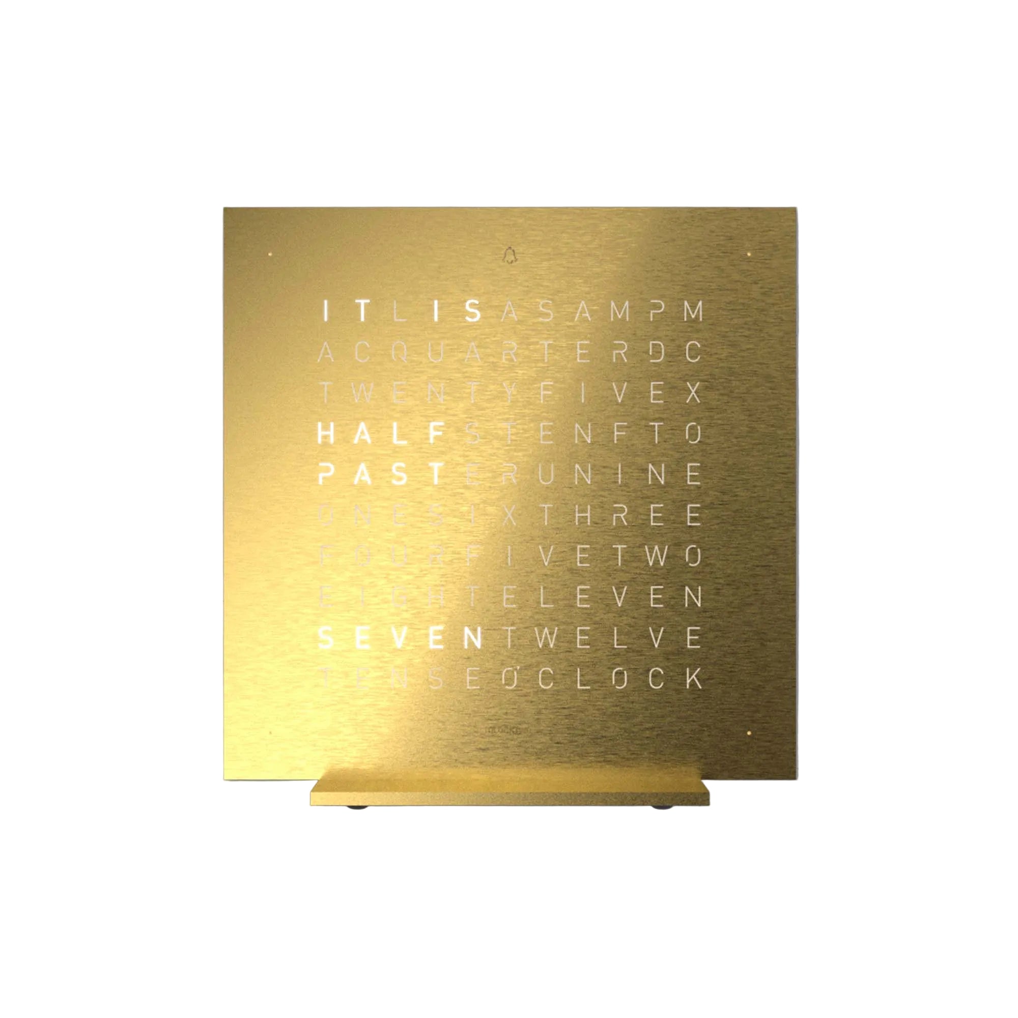 QLOCKTWO EARTH 13.5 Golden Legend with a solid gold front panel. A refined sculptural time display that blends contemporary design with precious material.