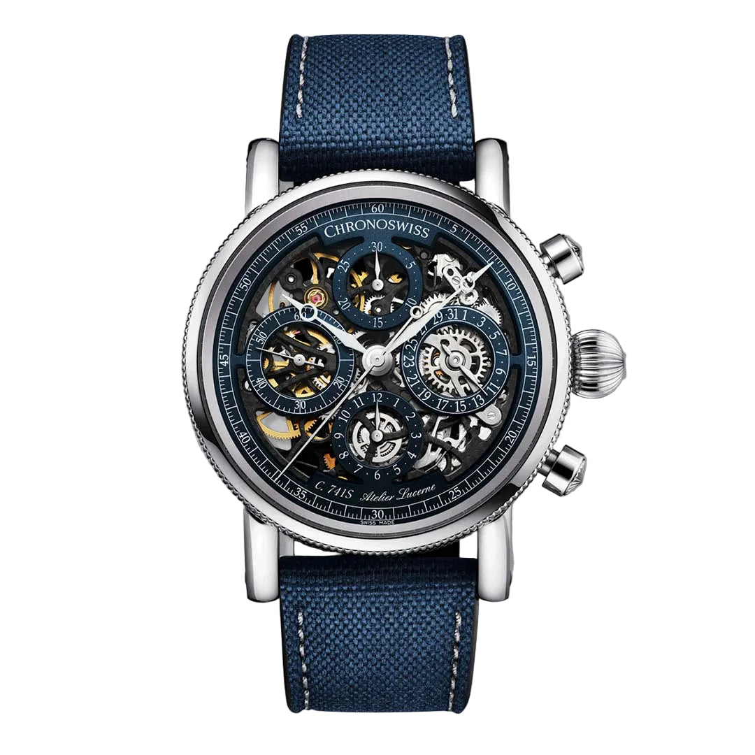 Chronoswiss Evolution Opus Chronograph Opus Titanium with skeletonised dial, blue accents and Grade 5 titanium case.
