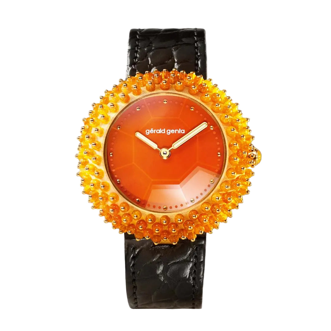 Discover the Gerald Genta Gentissima Oursin 36 Fire Opal, a rare Swiss luxury watch limited to 10 pieces, available in London.
