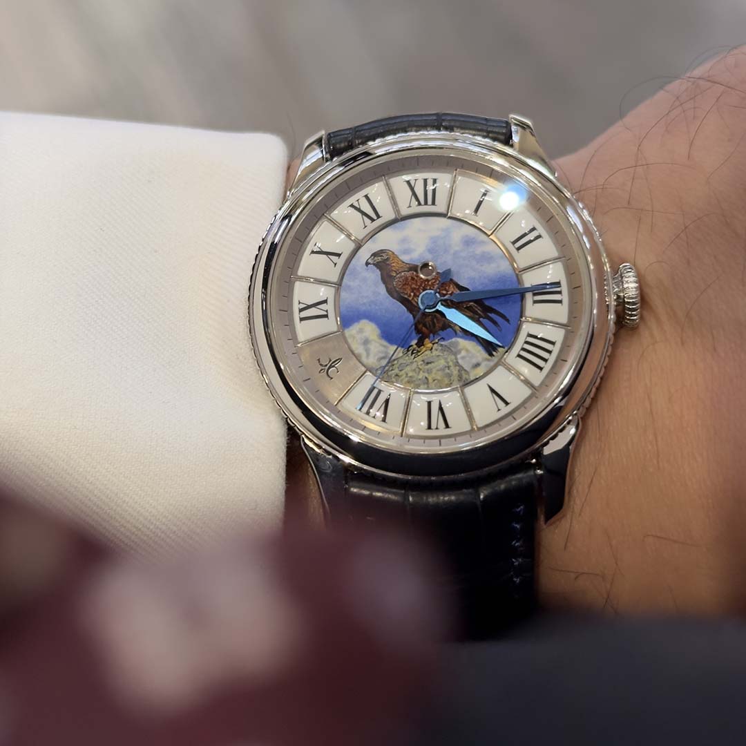 A 1 of 1 Julien Coudray 1528 PT950 crafted in 1.5kg of solid platinum. Grand feu enamel miniature, 4 year service indicator and fully hand-finished manufacture calibre.