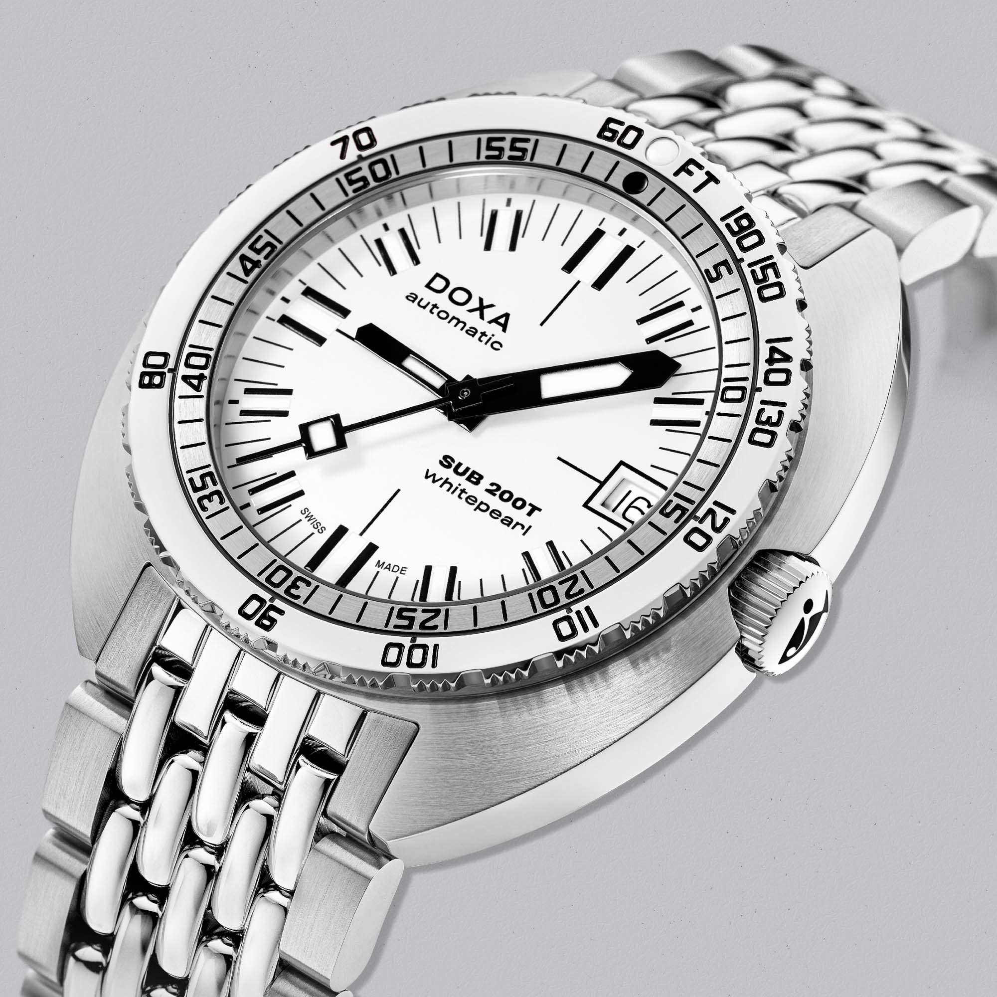 Discover the DOXA SUB 200T Whitepearl, a modern classic built for adventure. Sleek 39mm case, crisp white dial, and legendary underwater DNA.
