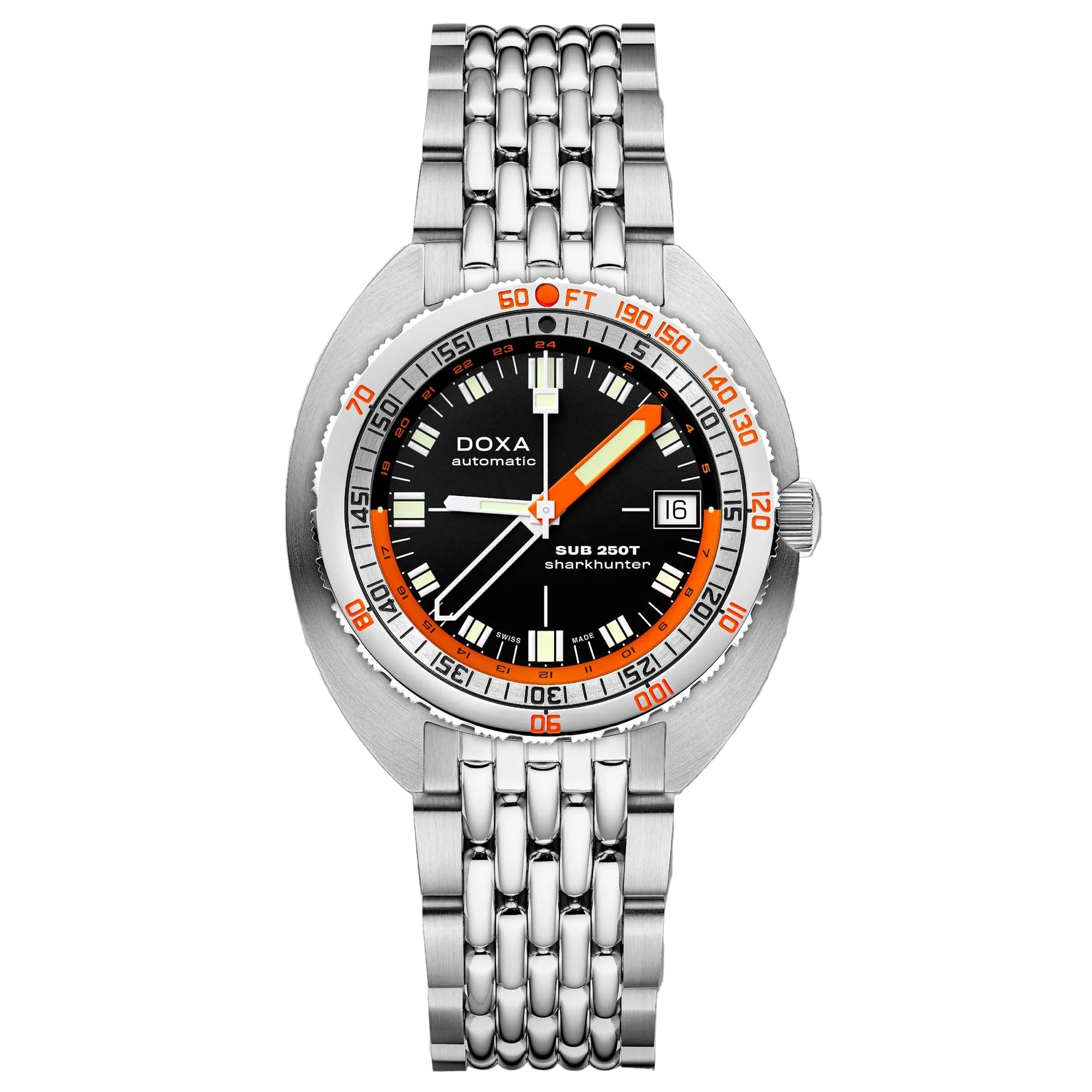 The DOXA SUB 250T GMT Sharkhunter is built for global adventurers—dual time zones, 200m water resistance, and iconic black-dial dive design.