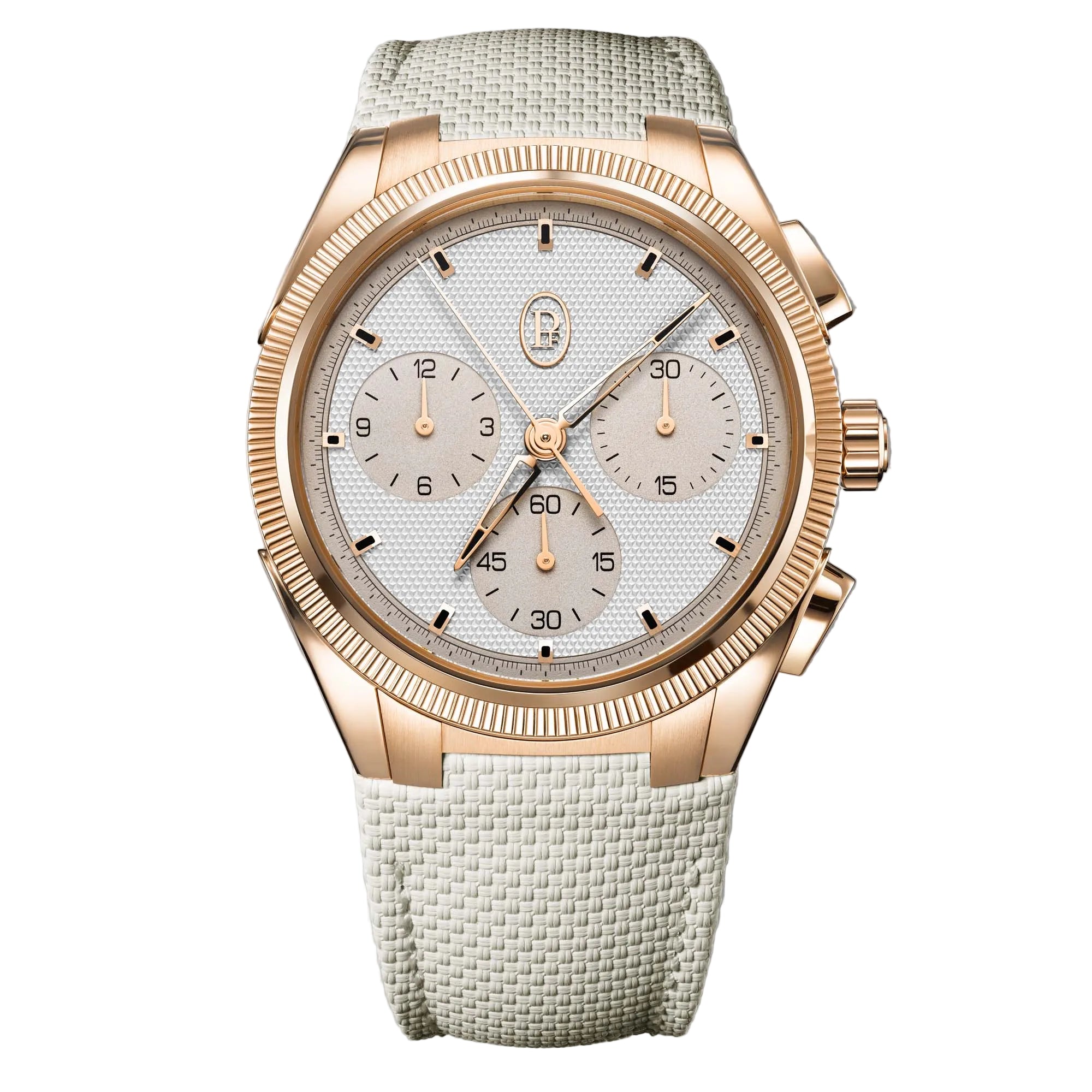 Parmigiani Tonda PF Sport Chronograph in rose gold with silver sandstone dial. COSC certified precision meets refined sporty elegance.