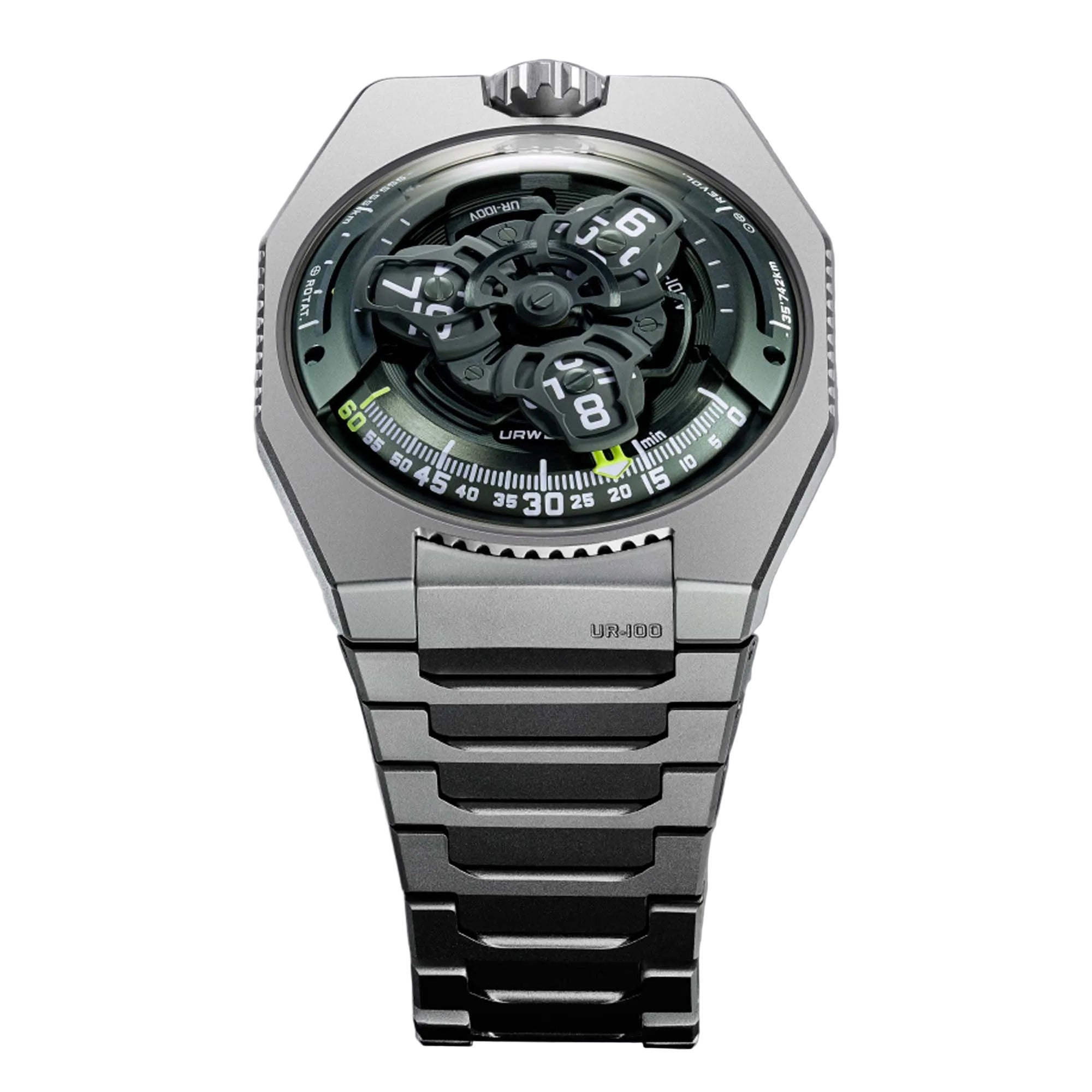 Discover the URWERK UR-100V Magic T Hunter Green, a titanium timepiece with satellite hours and orbital minutes, crafted for true watch connoisseurs.