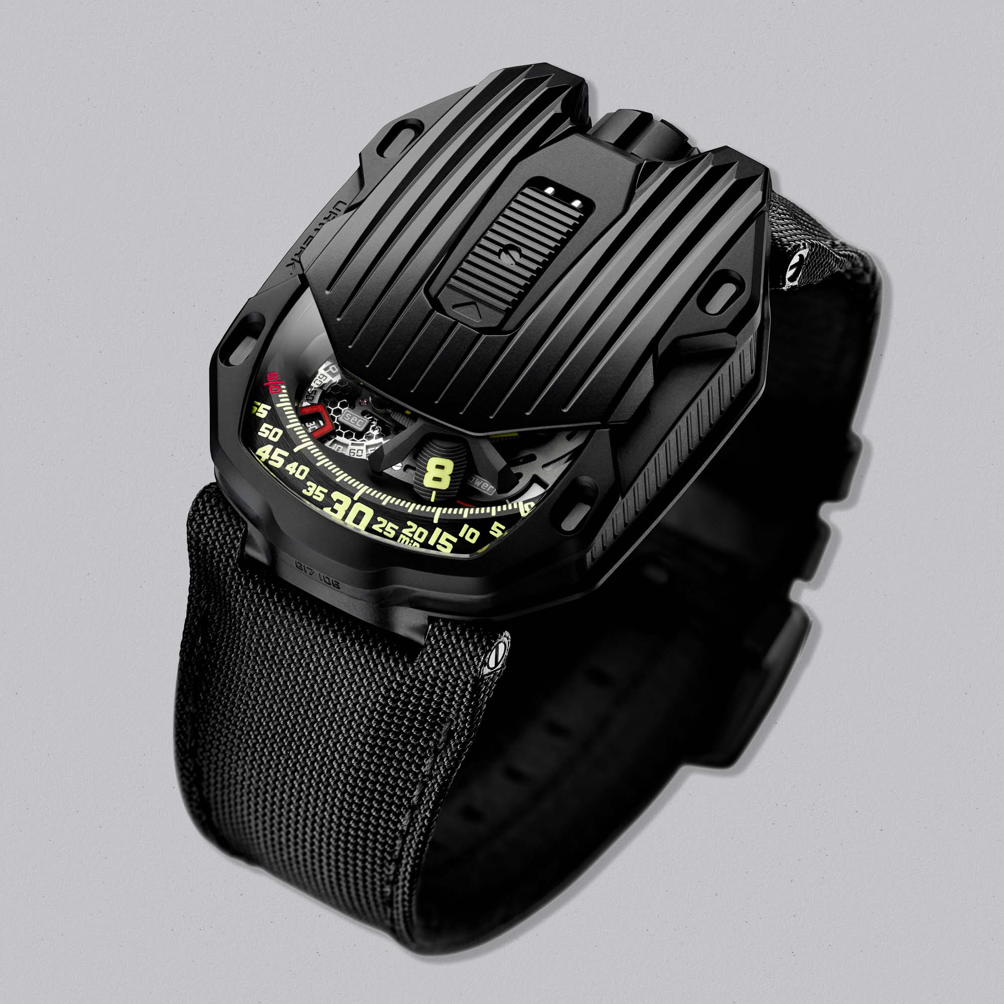 The URWERK UR-105 CT Black features a sliding cover, satellite hours and stealth design. A bold, limited masterpiece of independent watchmaking.