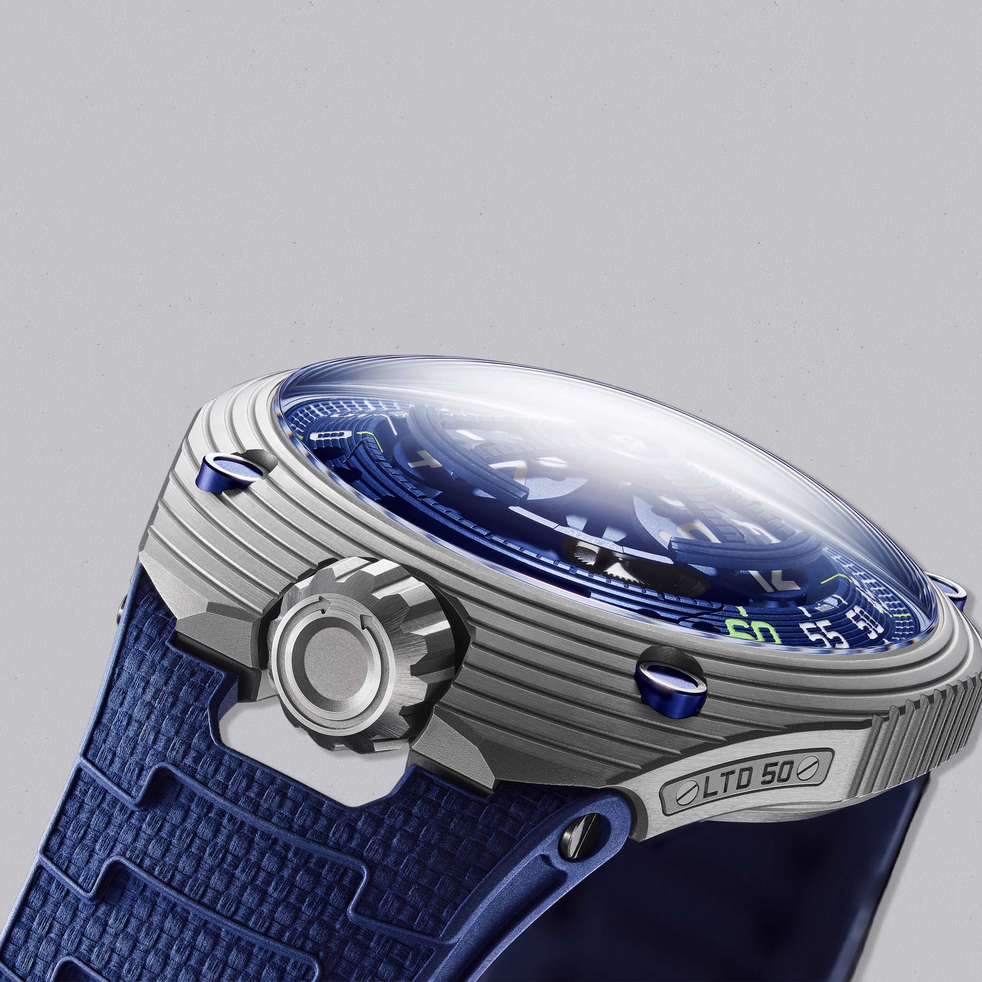 Experience the URWERK UR-150 Blue Scorpion. Limited to 50, this rare creation showcases satellite hours, bold geometry and signature blue detail.