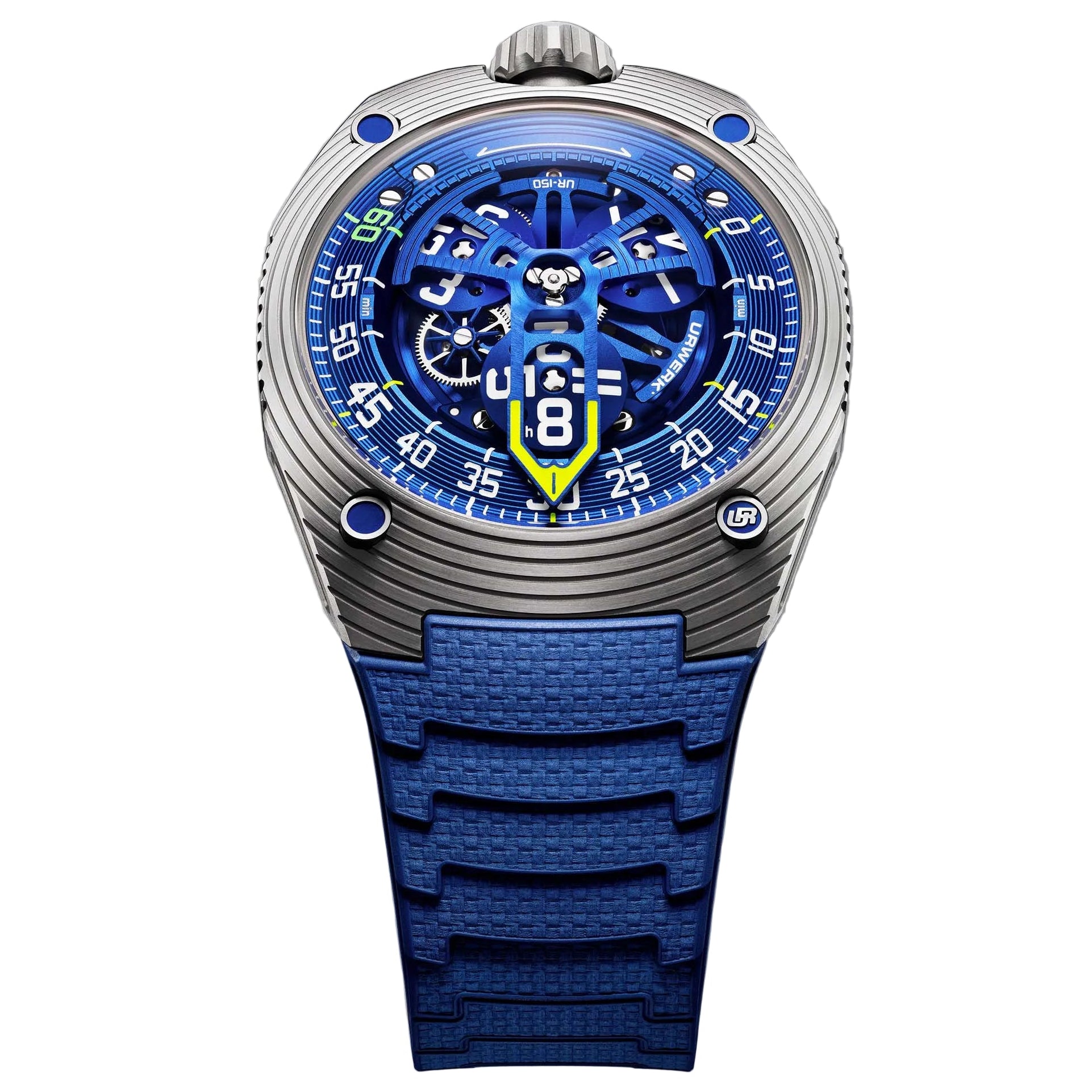 Discover the URWERK UR-150 Blue Scorpion, limited to 50 pieces. A futuristic design with satellite time display and bold blue accents.
