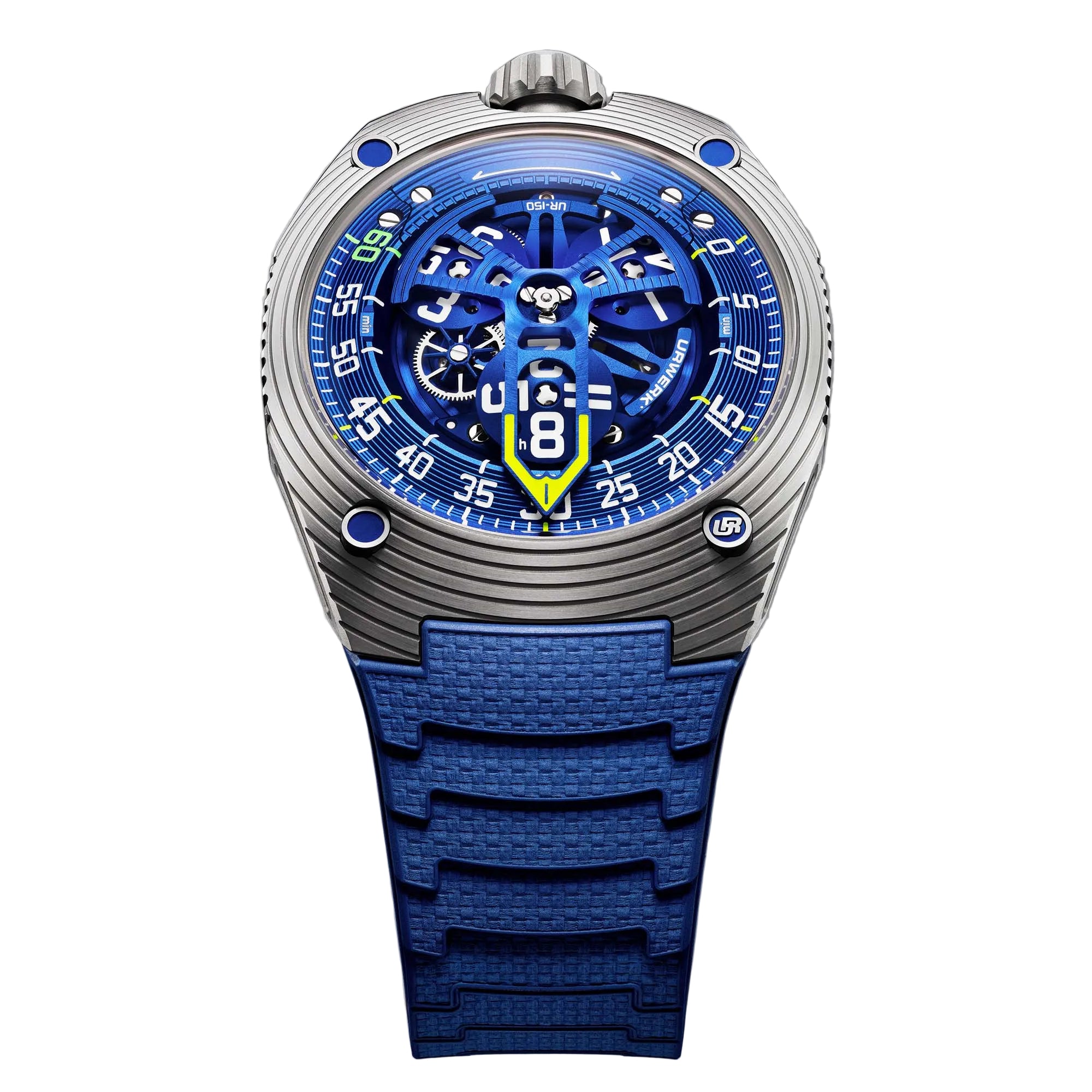 Discover the URWERK UR-150 Blue Scorpion, limited to 50 pieces. A futuristic design with satellite time display and bold blue accents.