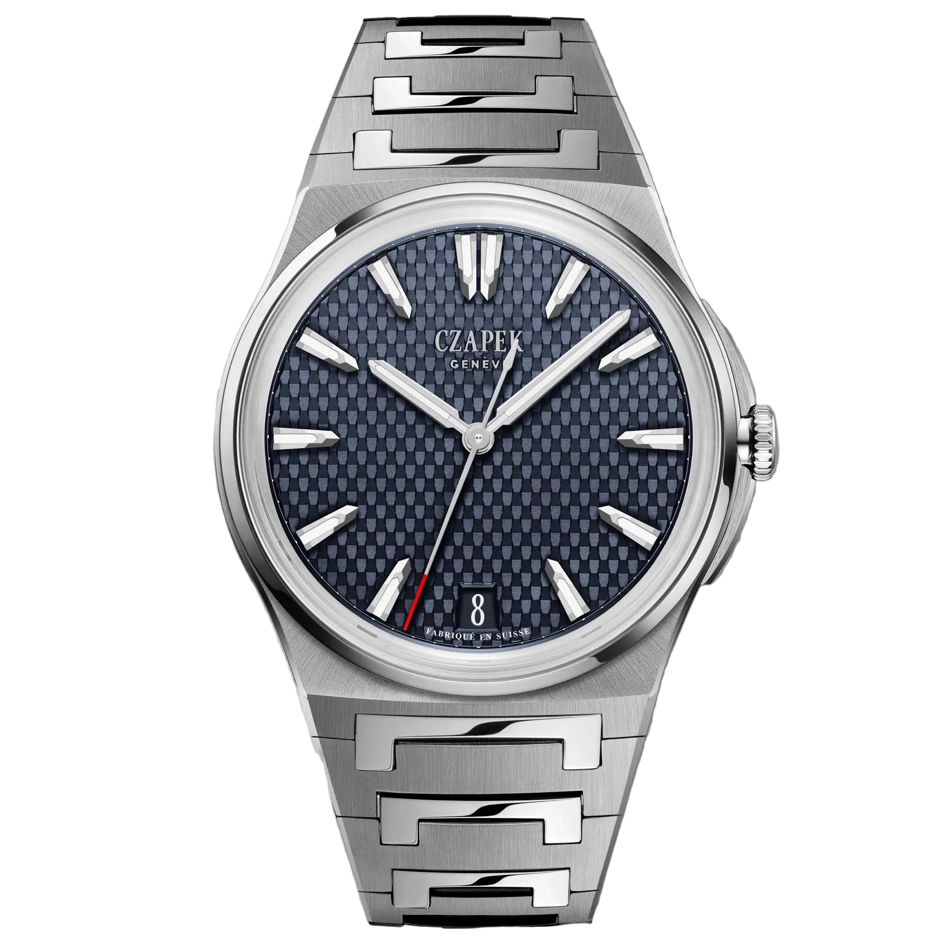 Czapek Antarctique Passage de Drake Aqua Blue with integrated steel bracelet and micro-rotor movement. A modern independent luxury sports watch.