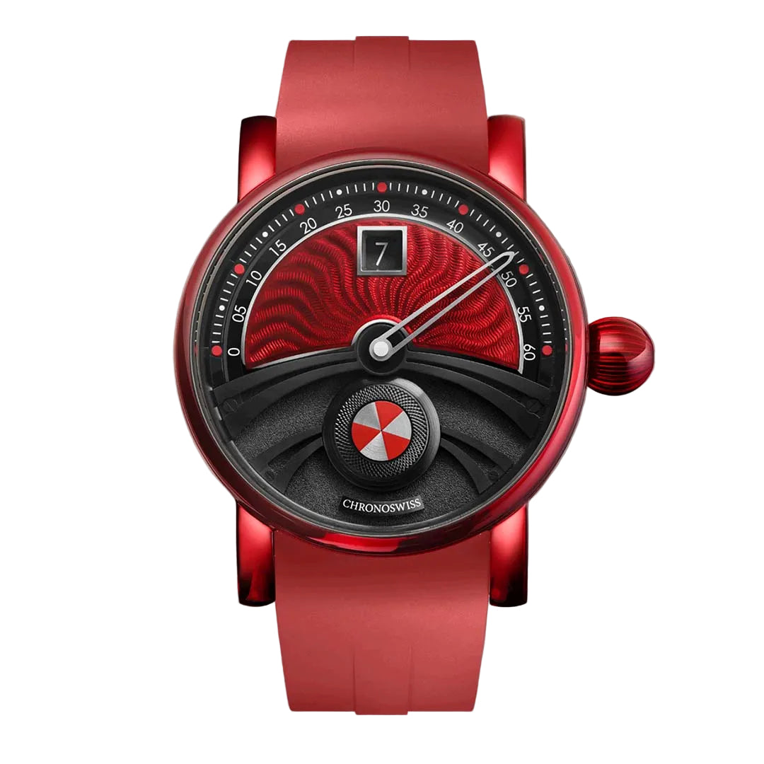 Chronoswiss Area 51 Delphis Firestarter with red enamel guilloché dial and Titanium Core Nano Shell case.