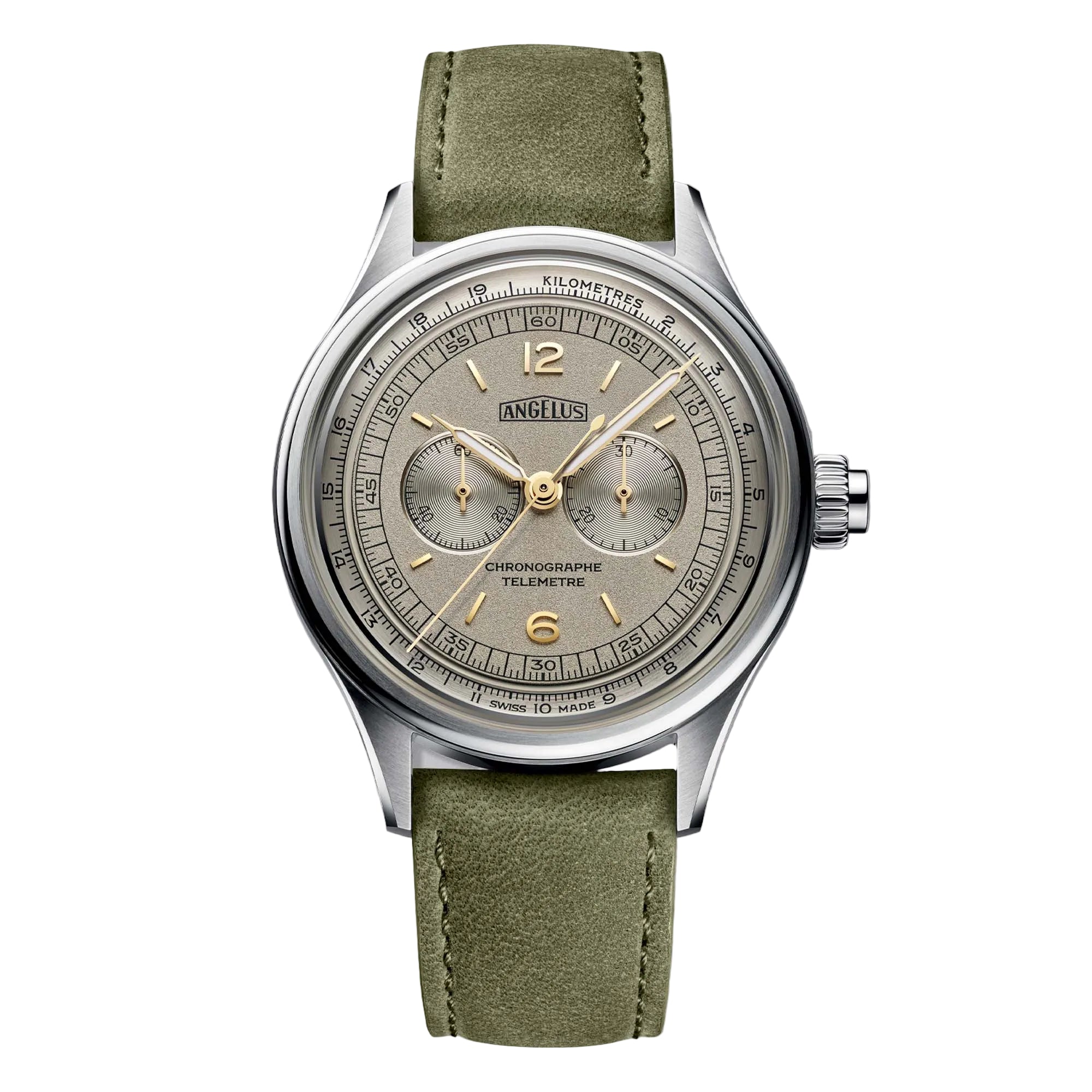 The Angelus Chronographe Télémetre in Steel Grey combines vintage chronograph styling with modern craftsmanship and a classic telemeter scale.