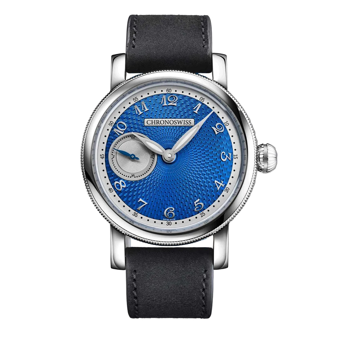 Chronoswiss Evolution Small Second Blue Orbit with hand guillochéd blue dial and Manufacture Calibre C.6000 in a 40mm stainless steel case.