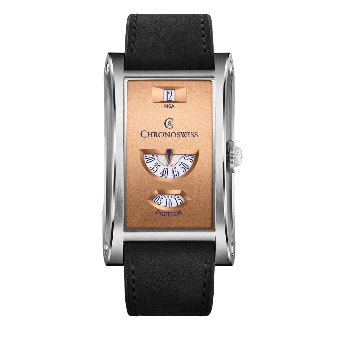 Chronoswiss Neo Digiteur Sand in stainless steel, a mechanical watch without hands featuring jumping hours and digital minutes. Limited to 99 pieces at Swiss Gallery UK.