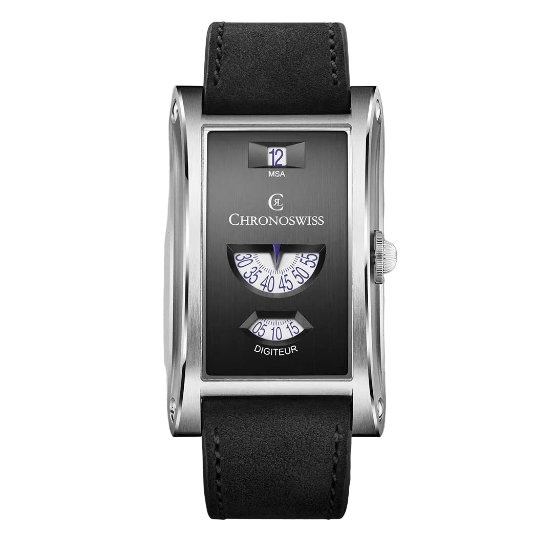 Chronoswiss Neo Digiteur Granit in stainless steel, a hand-wound mechanical watch with jumping hours and digital minutes. Limited to 99 pieces, available at Swiss Gallery UK.