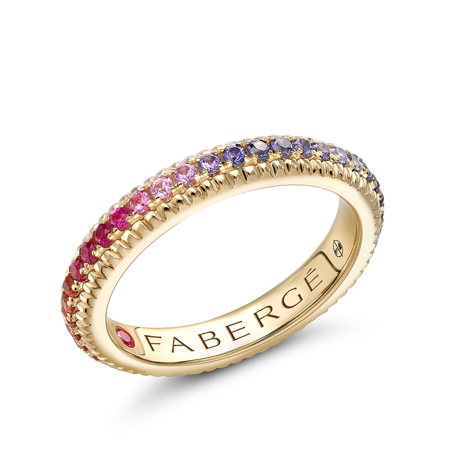 COLOURS OF LOVE YELLOW GOLD RAINBOW MULTI-COLOURED GEMSTONE FLUTED ETERNITY RING