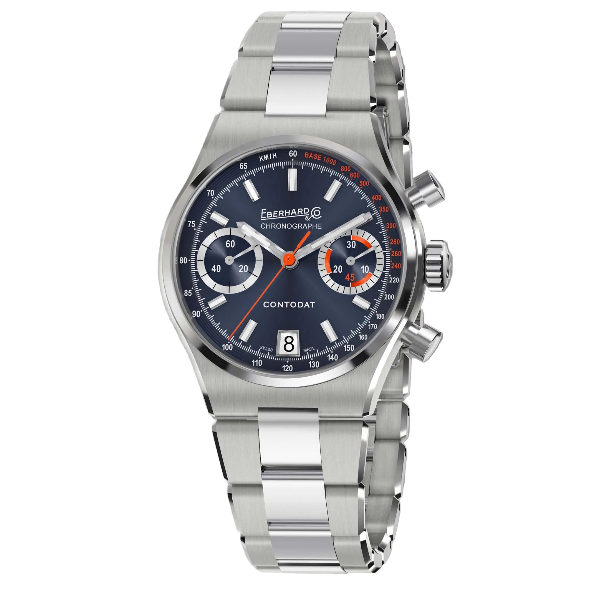 Eberhard Contodat Chronographe 31156.01 CA2C with blue dial and stainless steel bracelet. Swiss automatic chronograph available from authorised UK retailer Swiss Gallery.