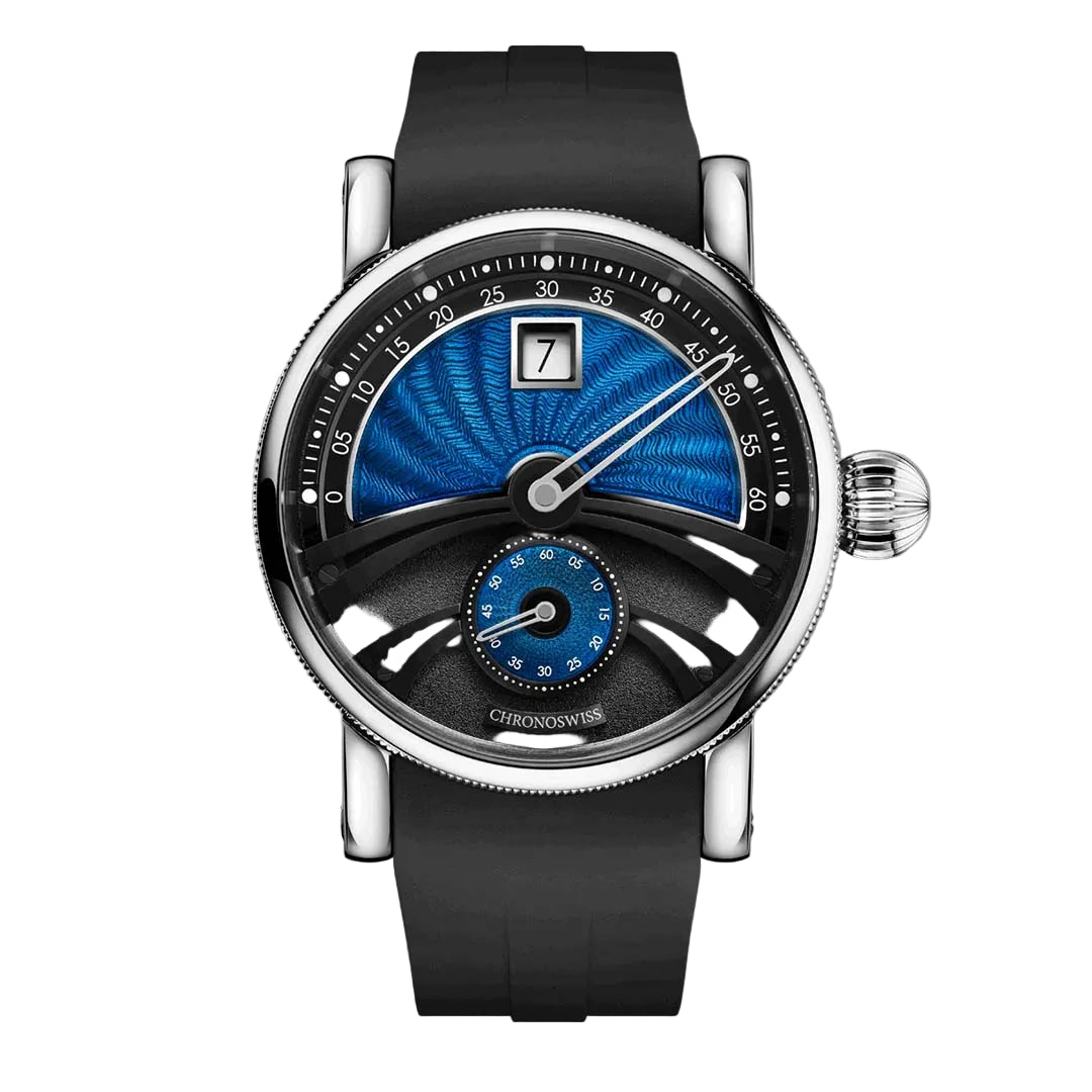 Chronoswiss Evolution Delphis Horizon with hand guilloché dial, Delphis display and Grade 5 titanium case.
