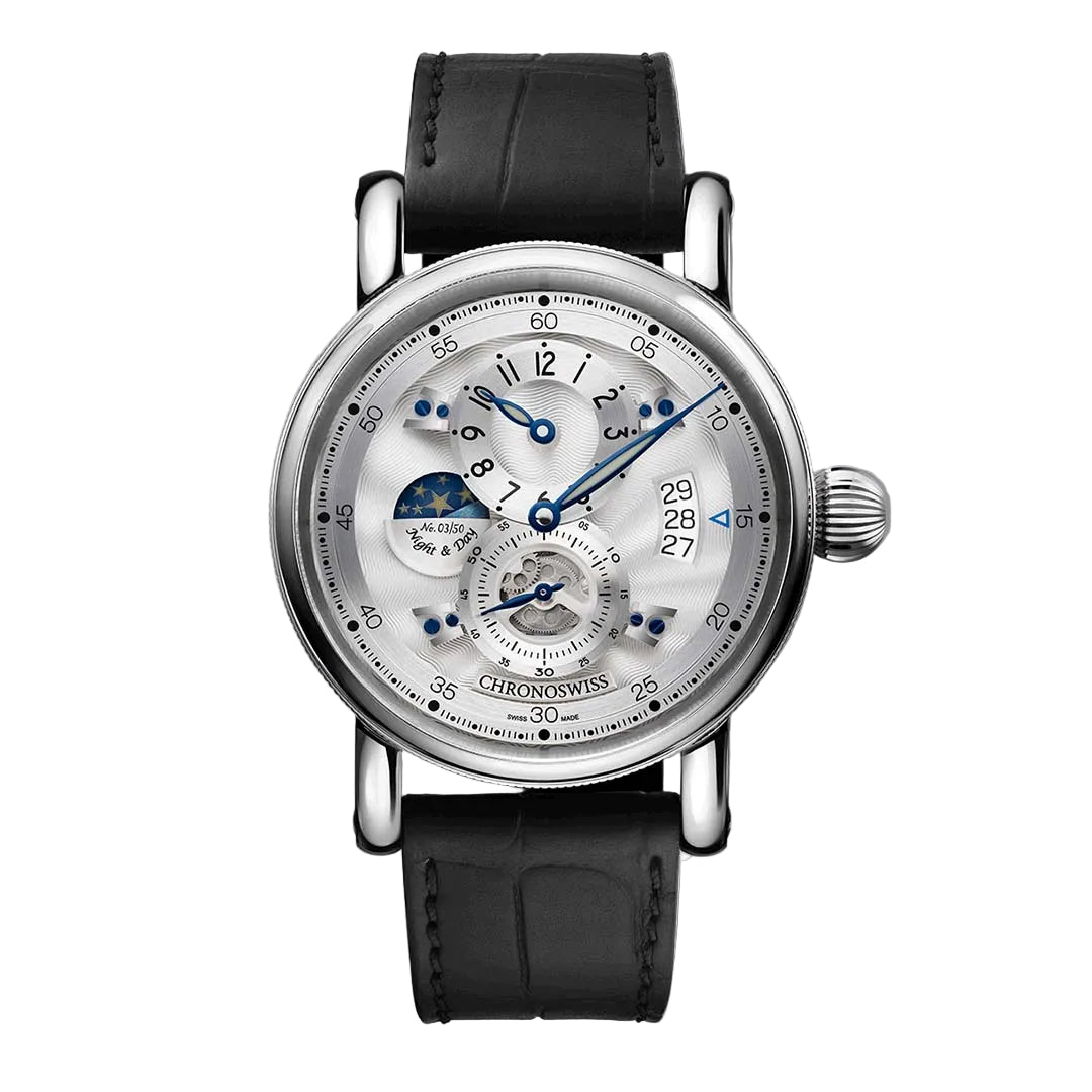 Chronoswiss Evolution Night & Day Whiteout with hand guilloché silver dial and 3D day night display.