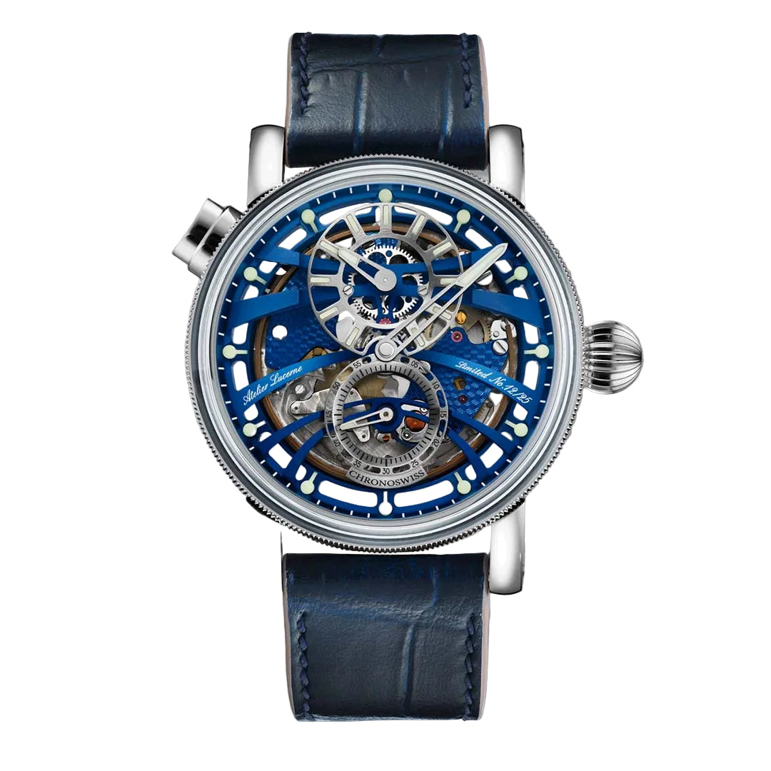 Chronoswiss Quarter Repeater Blue Note in Grade 5 titanium with quarter repeater complication and visible hammers.