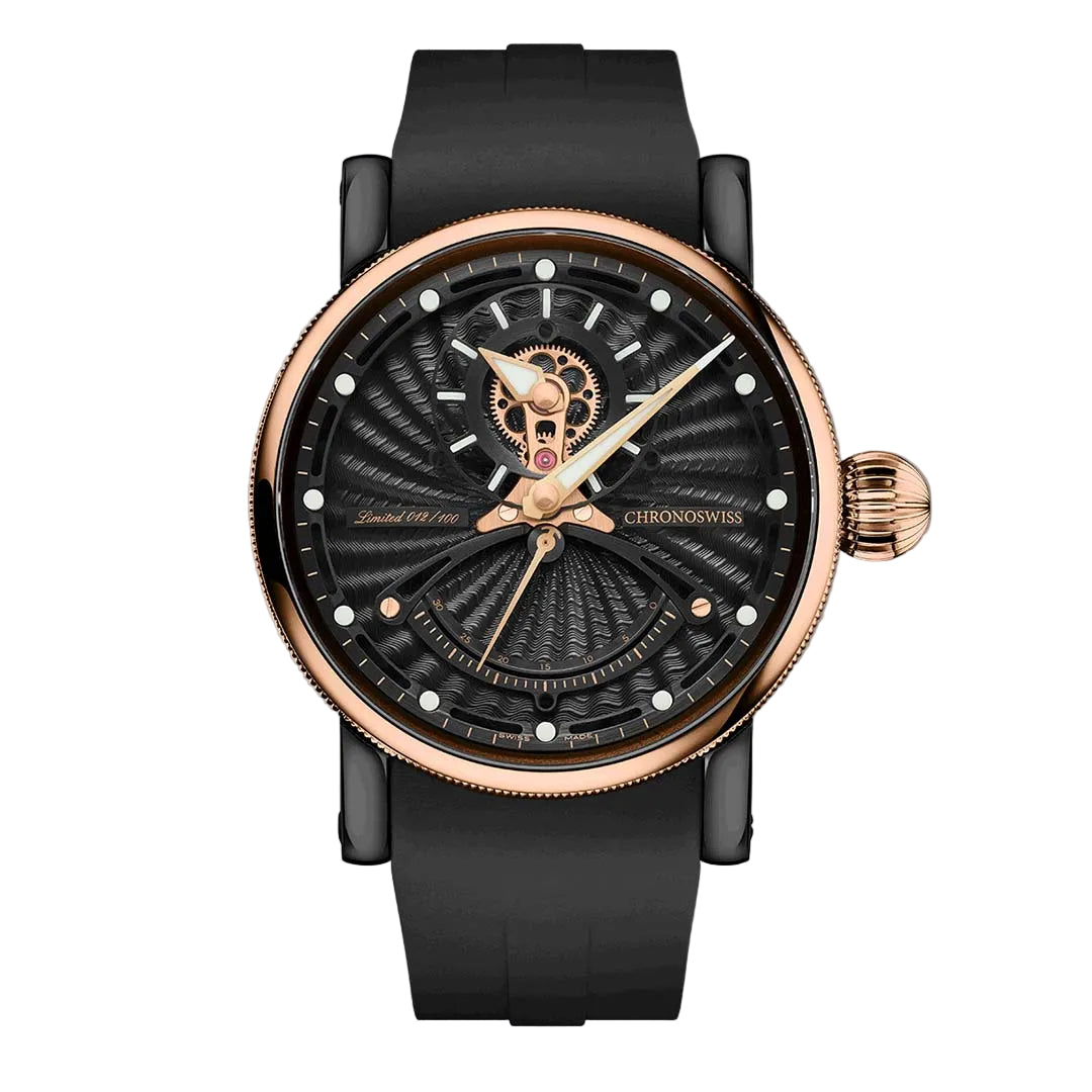 Chronoswiss Evolution ReSec Obsidian in DLC coated titanium with 18ct gold accents and Manufacture Calibre C.6005. Limited to 100.