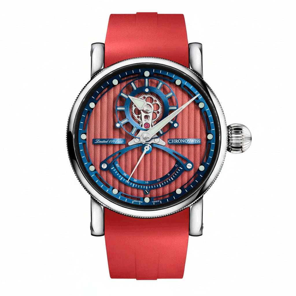 Chronoswiss ReSec Vertical Red with vertical regulator layout, retrograde seconds and Manufacture Calibre C.6005.