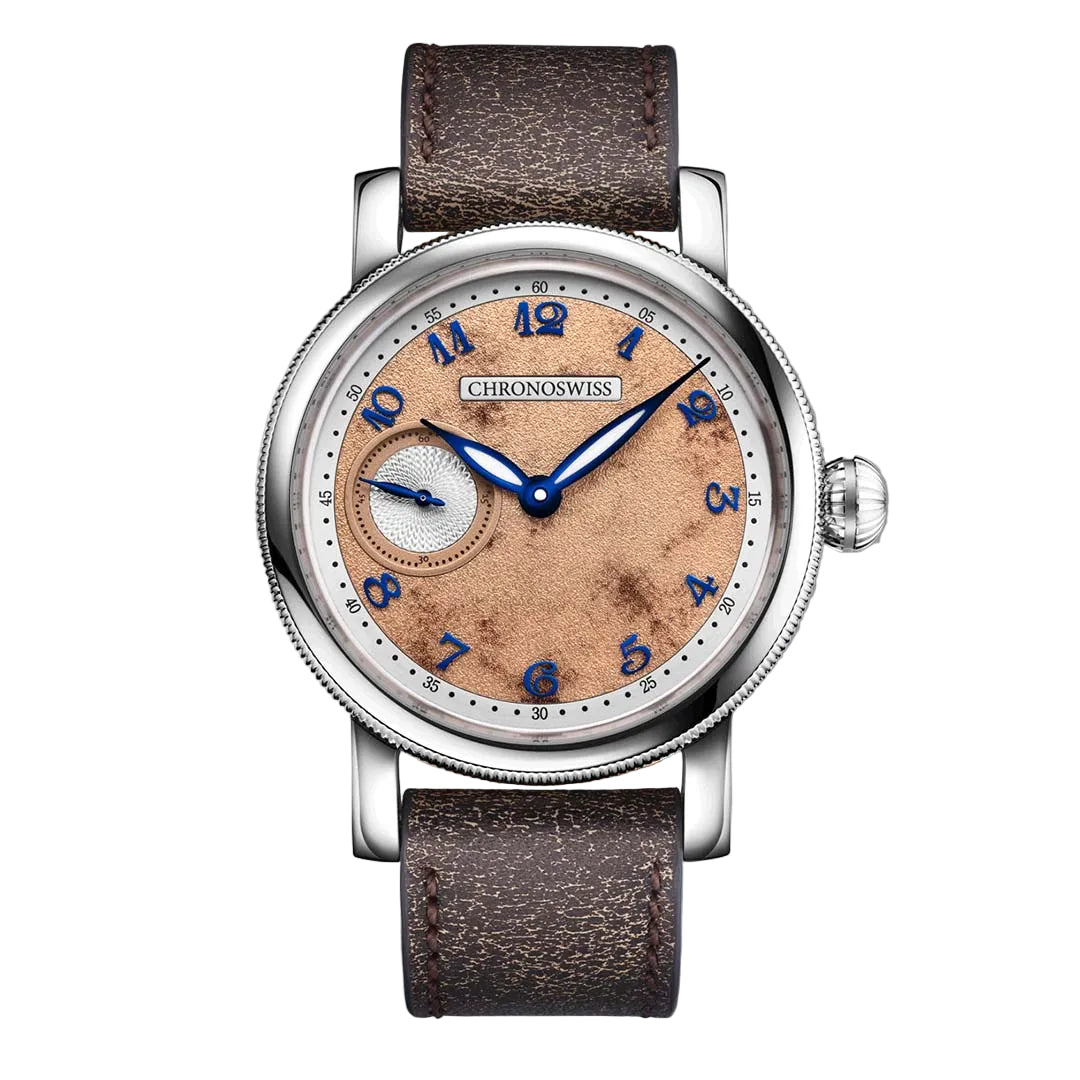 Chronoswiss Evolution Small Second Desert with hand guillochéd dial, small seconds display and Manufacture Calibre C.6000 in stainless steel.