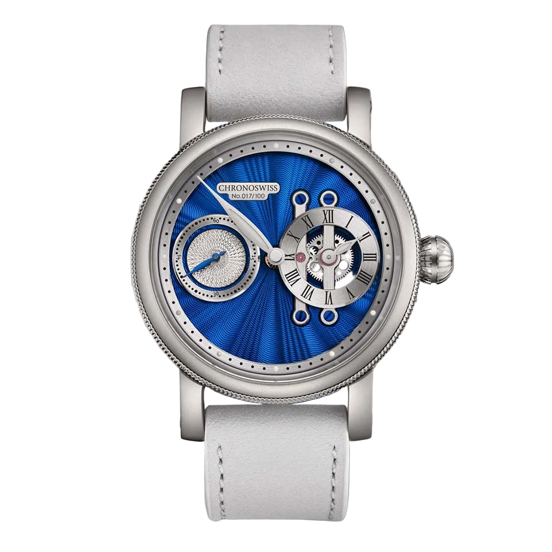 Chronoswiss Evolution STRIKE TWO STELLAR BLUE with a hand-guillochéd CVD blue dial and Manufacture Calibre C.6000. Limited to 100 pieces