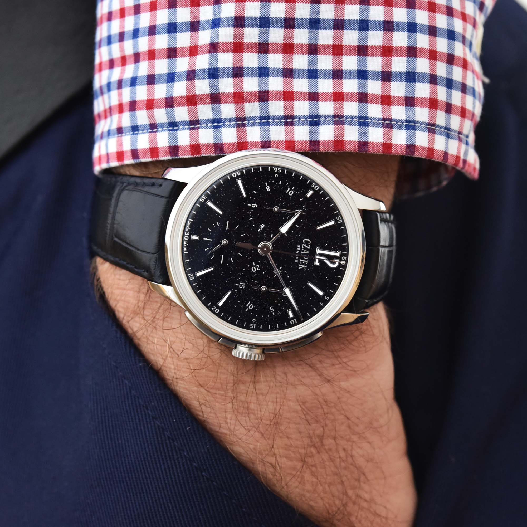 Czapek Aventurine chronograph featuring a lightweight titanium case, integrated SXH3 movement, and distinctive aventurine dial.