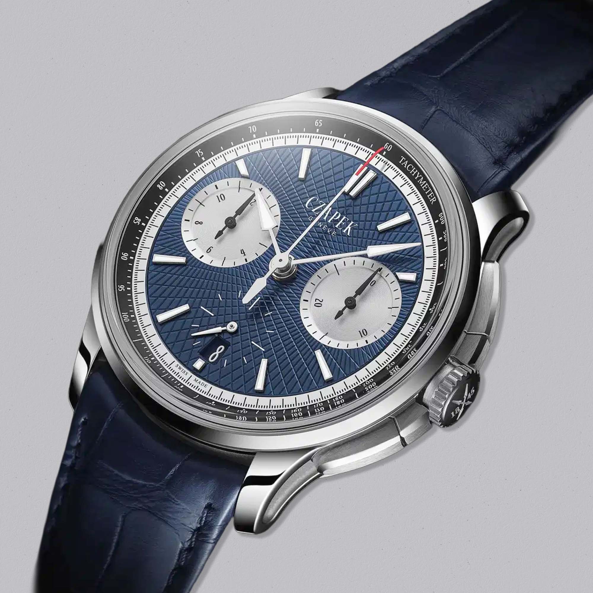 Discover the Czapek Faubourg de Cracovie Aqua Blue. A modern titanium chronograph with high frequency in house calibre and architectural dial.
