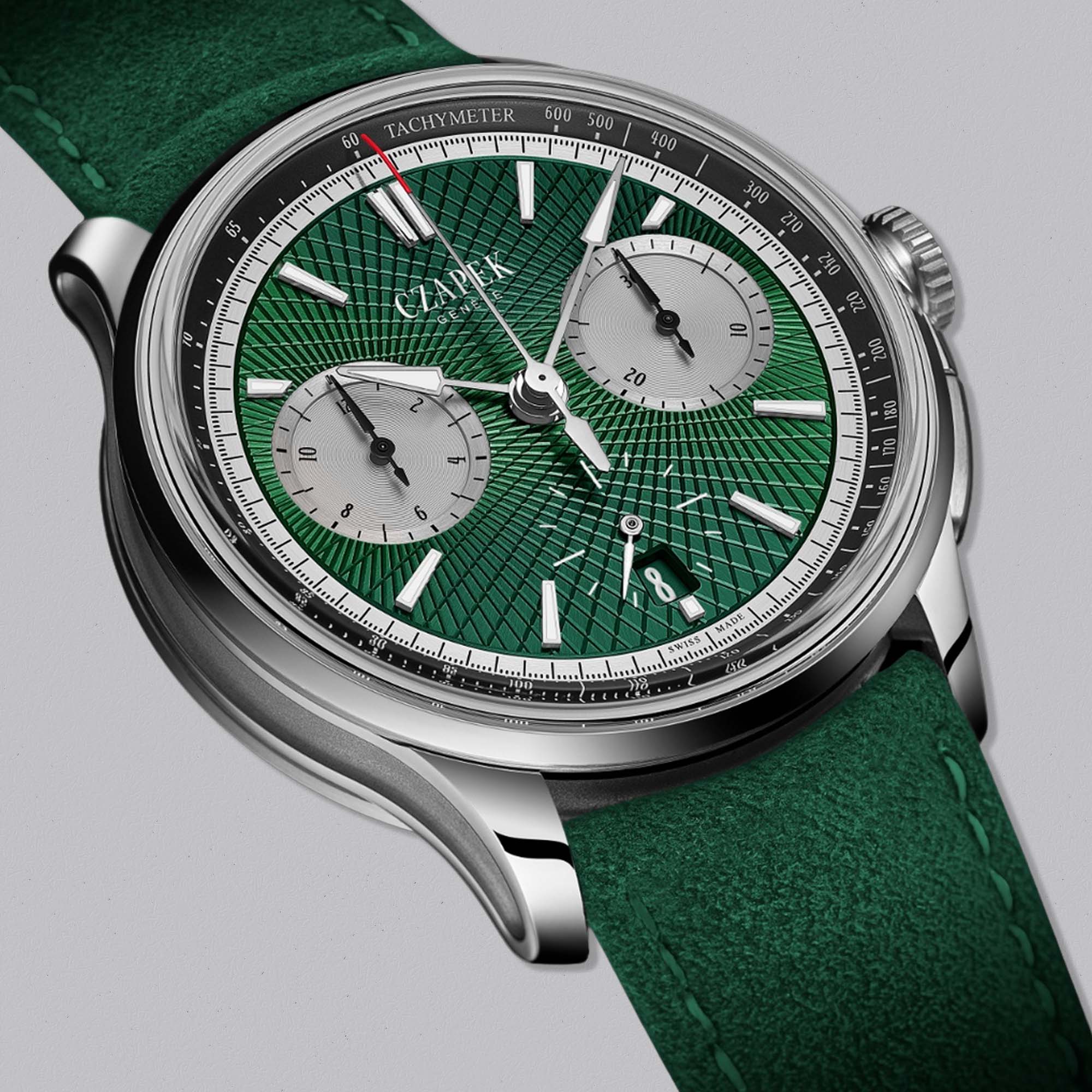 Discover the Czapek Faubourg de Cracovie Victory Green chronograph. Lightweight titanium case, COSC certified movement, limited edition of 18.