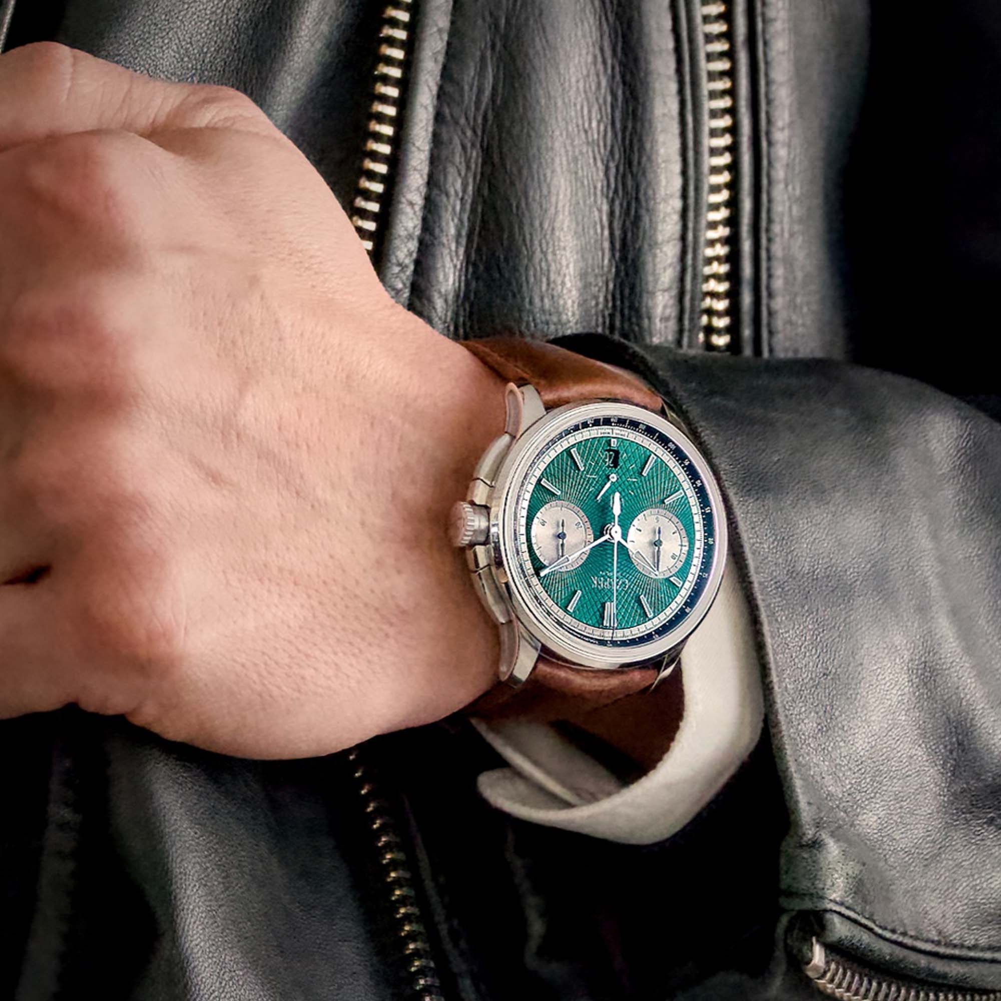 Czapek Crossroads Victory Green chronograph in titanium. COSC certified automatic movement, refined finishing, and rare production of only 18 watches.