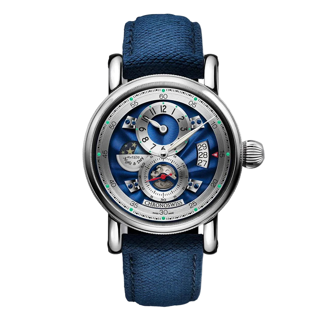 Chronoswiss Evolution Night & Day Midnight with hand guilloché blue dial and 3D day night display. Limited edition.
