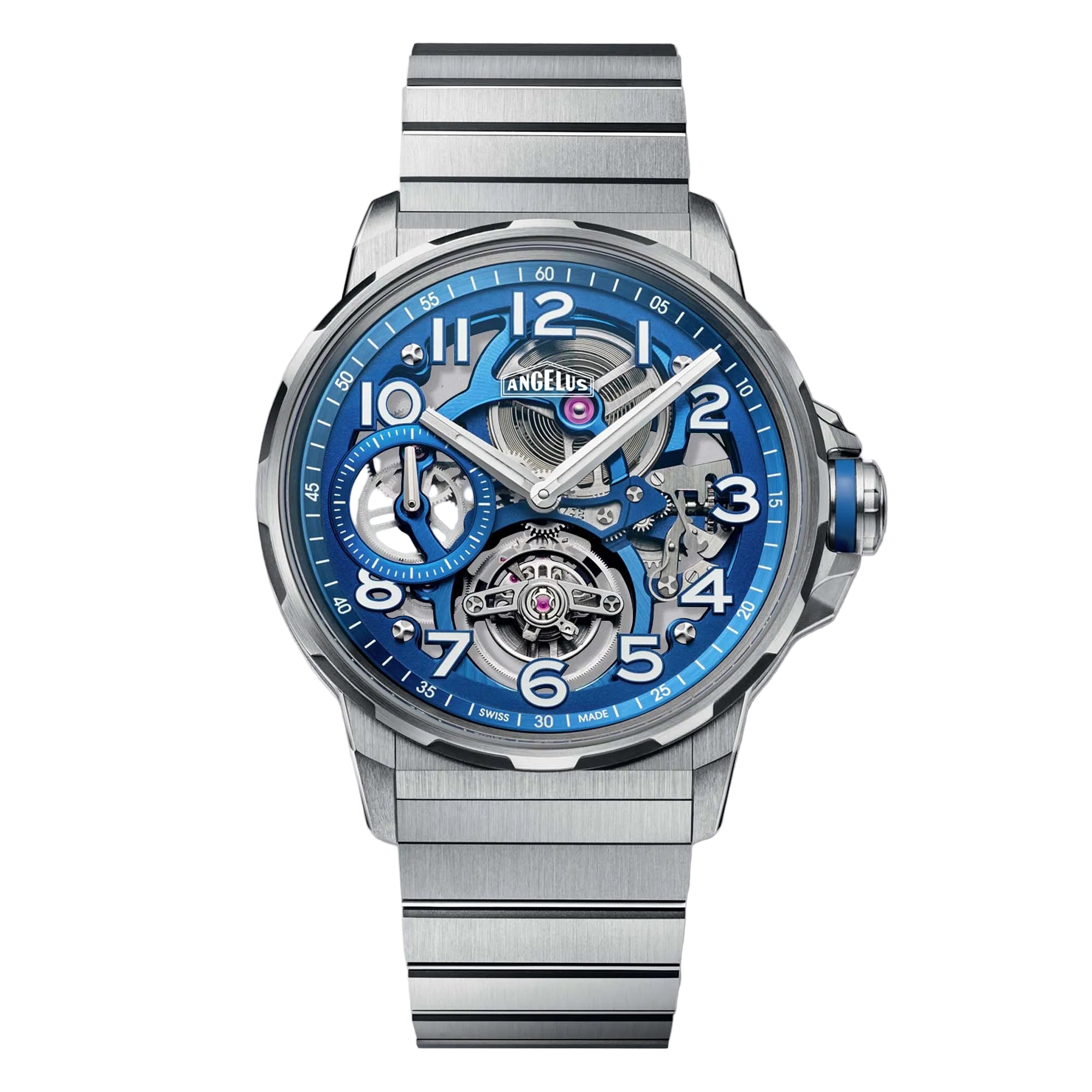 Discover the Angelus Flying Tourbillon Blue — a limited edition of 25, featuring an ultra-light case, flying tourbillon, and striking blue skeleton dial.