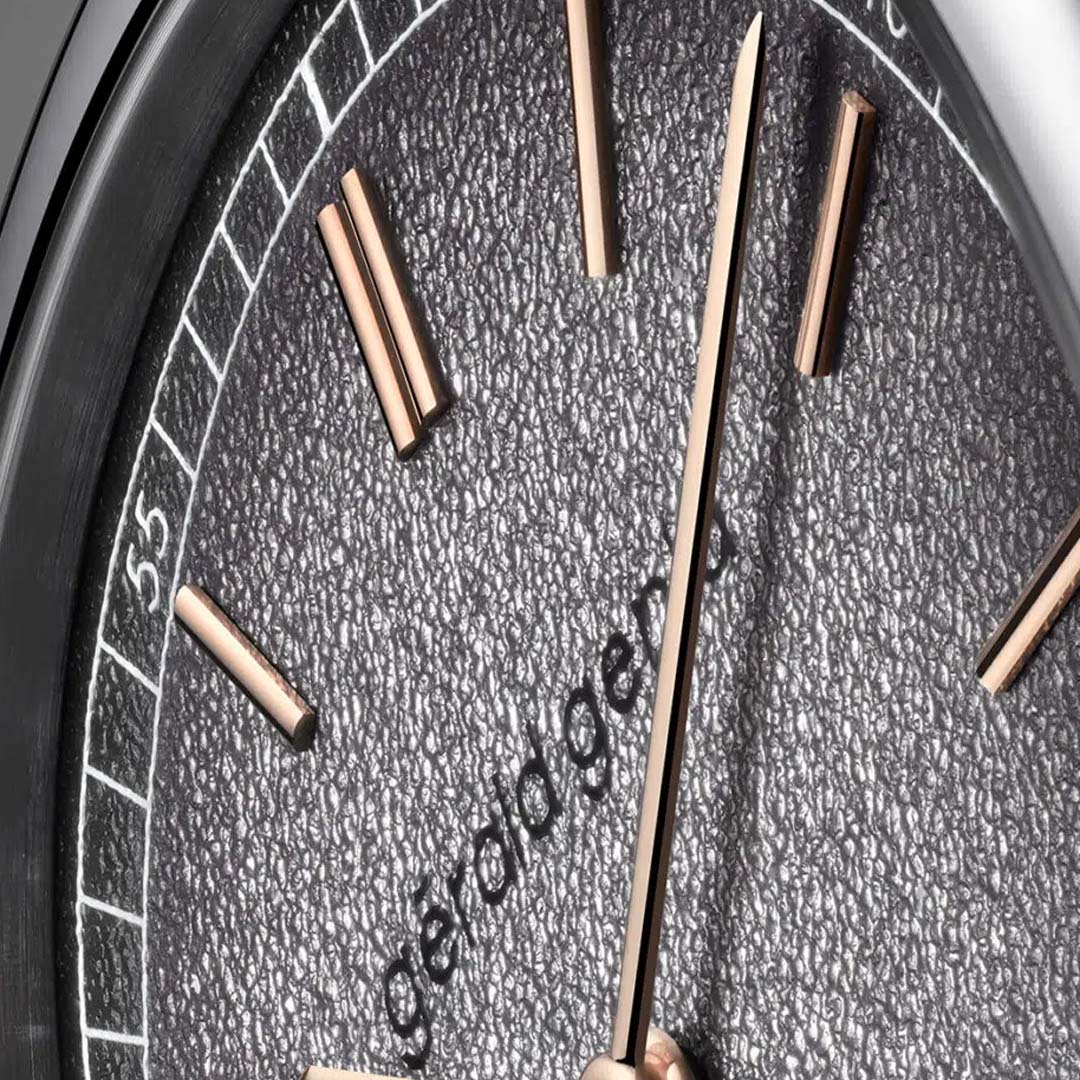 Explore the Gerald Genta Genève Time Only Grafite, a minimalist white gold timepiece defined by metallic tones, precise minute track and balanced contrasts.