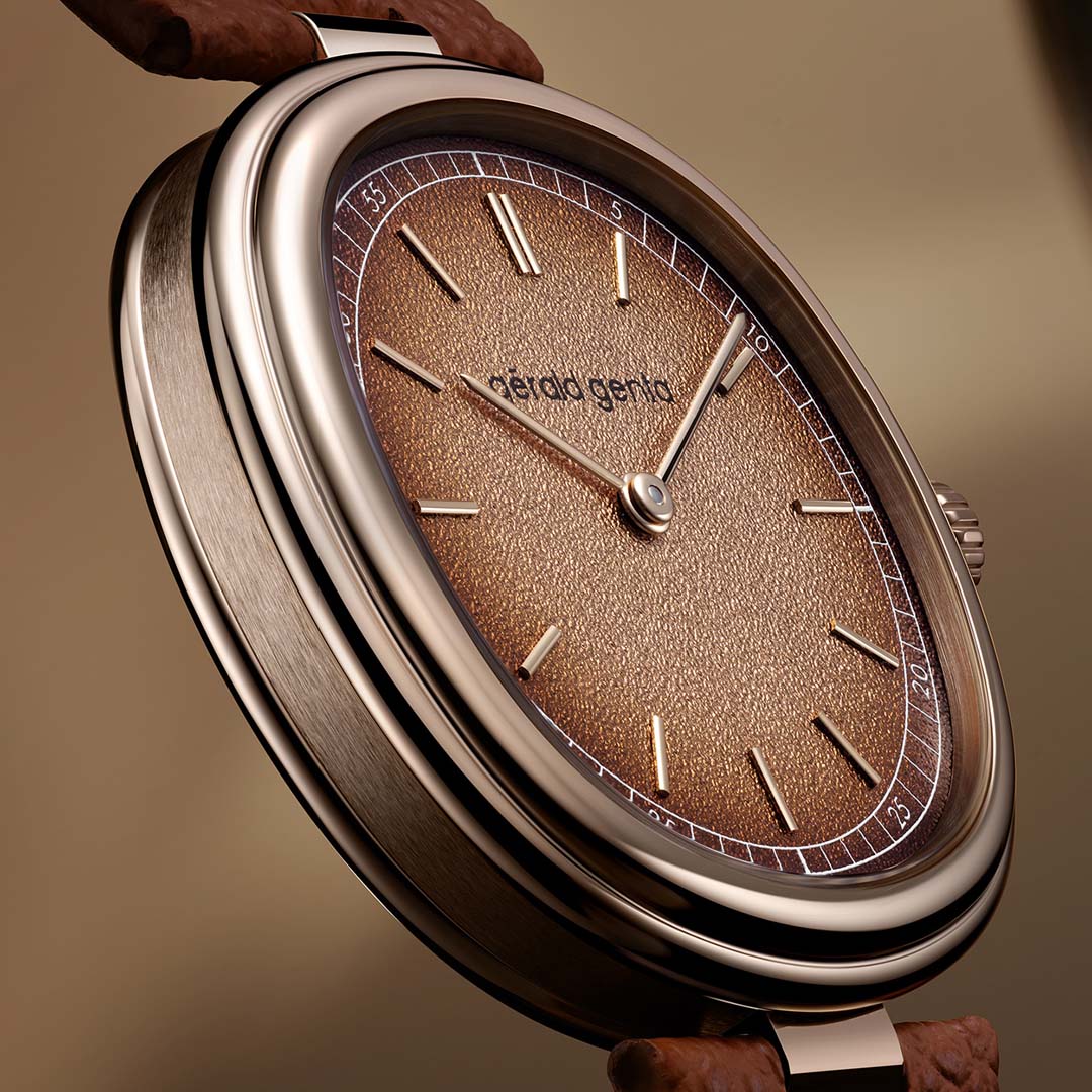 Explore the Gerald Genta Genève Marrone Time Only, a cushion shaped 4N rose gold watch with a textured brown dial and timeless, minimalist appeal.