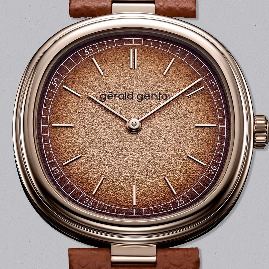 The Gerald Genta Genève Time Only Marrone Tone on Tone pairs warm 4N rose gold with a deep chestnut dial for collectors who appreciate discreet elegance and pure design.