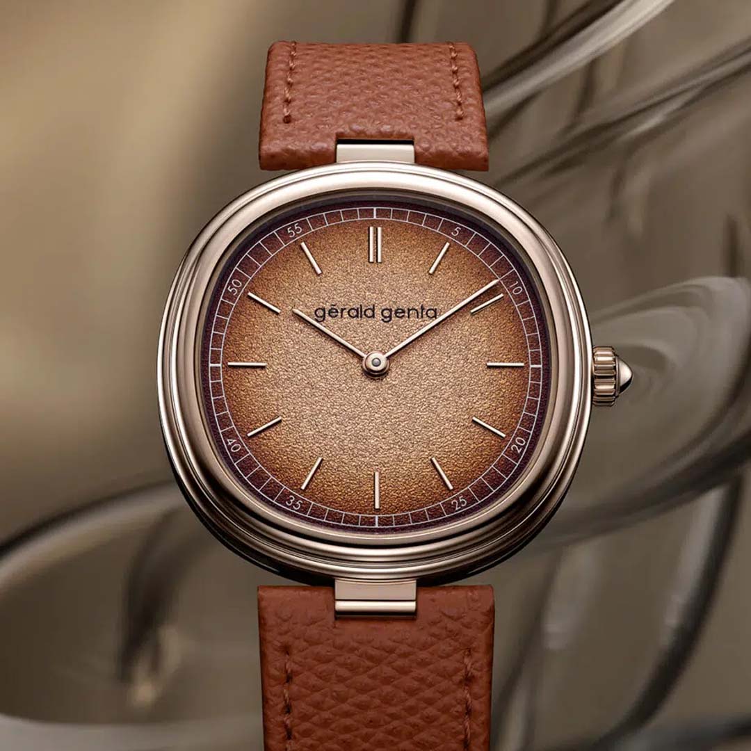 Shop the Gerald Genta Genève Time Only Marrone in 4N rose gold, a sophisticated brown dial timepiece defined by texture, proportion and quiet confidence.