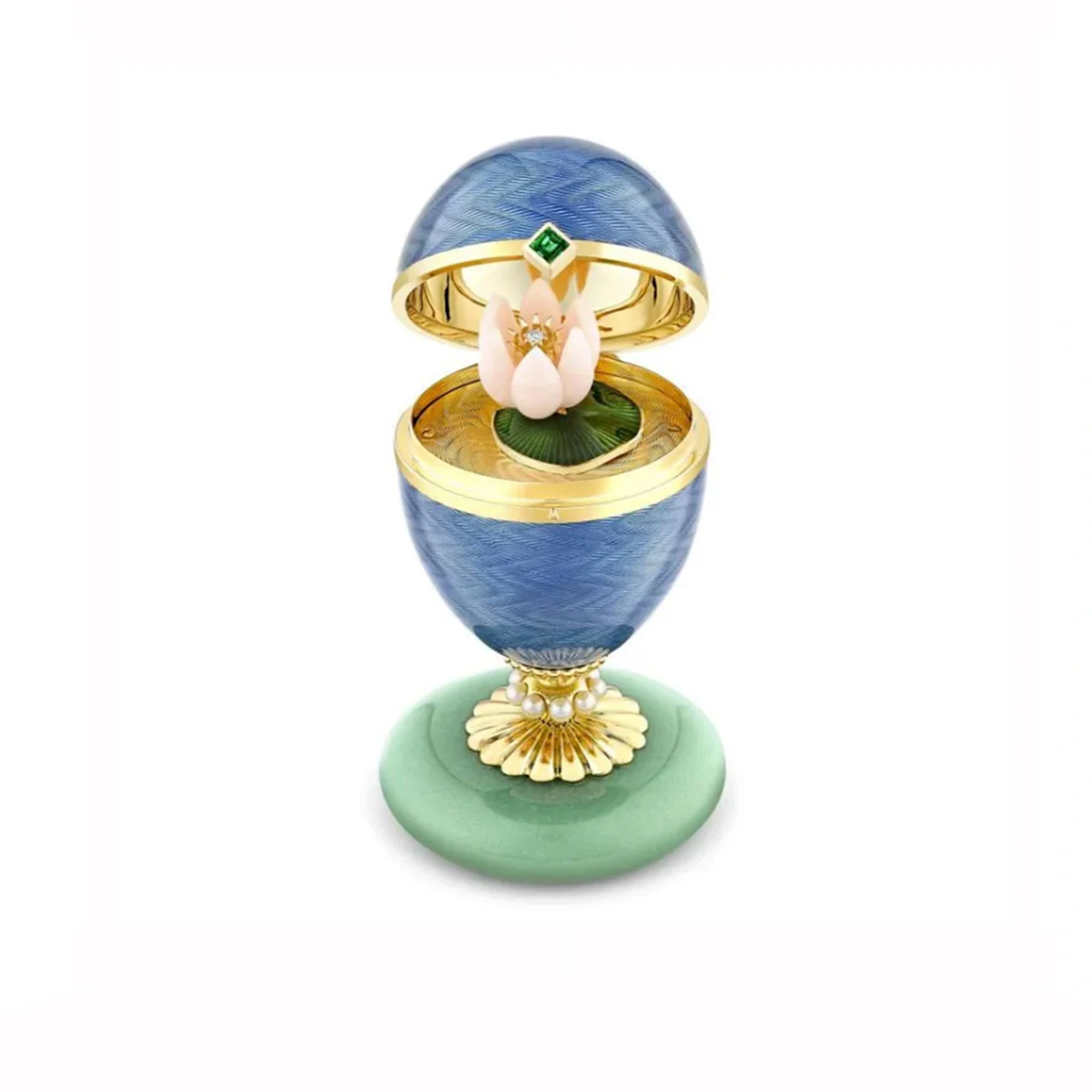 HERITAGE 18CT YELLOW GOLD BLUE ENAMEL LIMITED EDITION EGG OBJECT WITH WATER LILY SURPRISE
