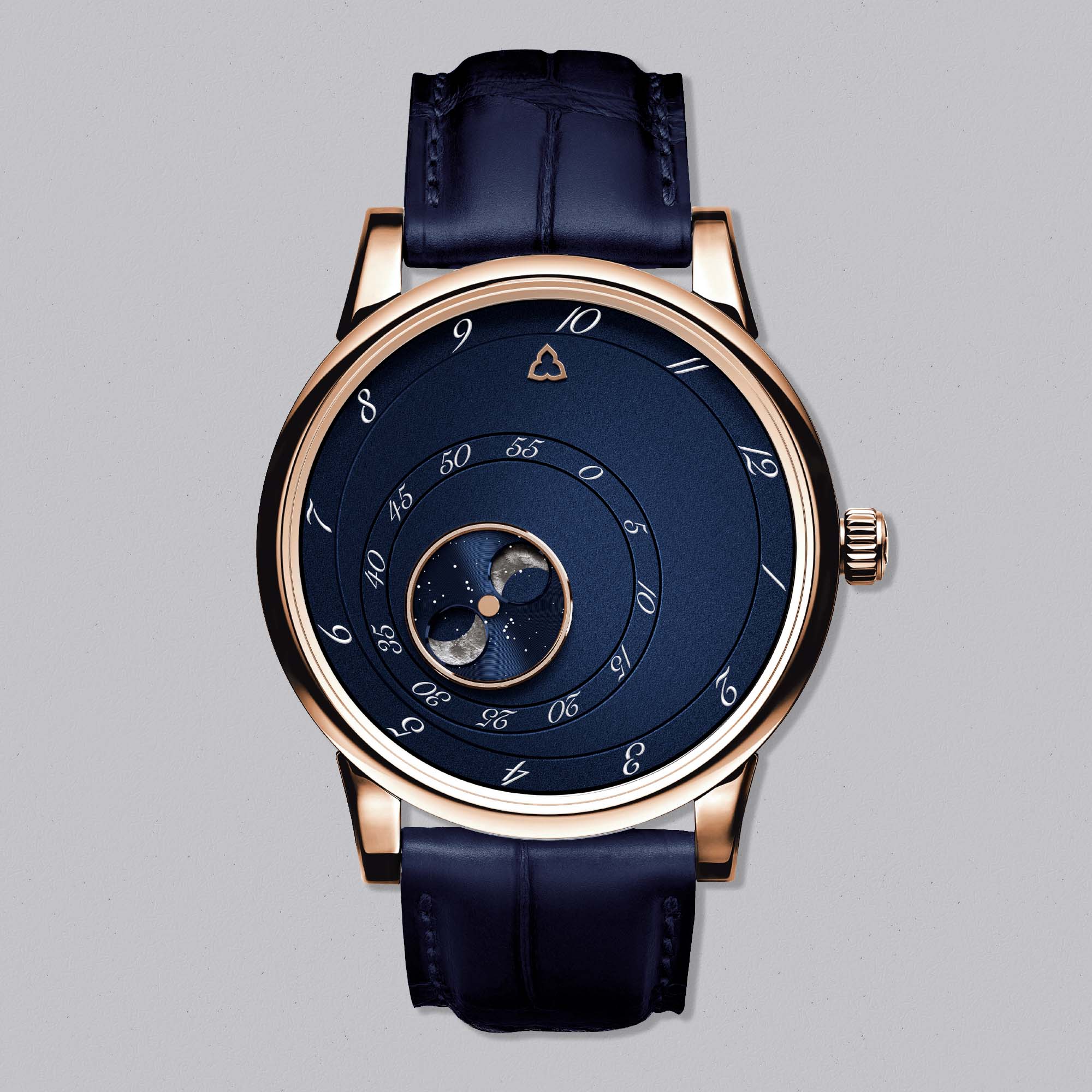 Trilobe Les Matinaux L’Heure Exquise in blue and rose gold redefines time-telling with rotating rings and poetic design, made in limited numbers.