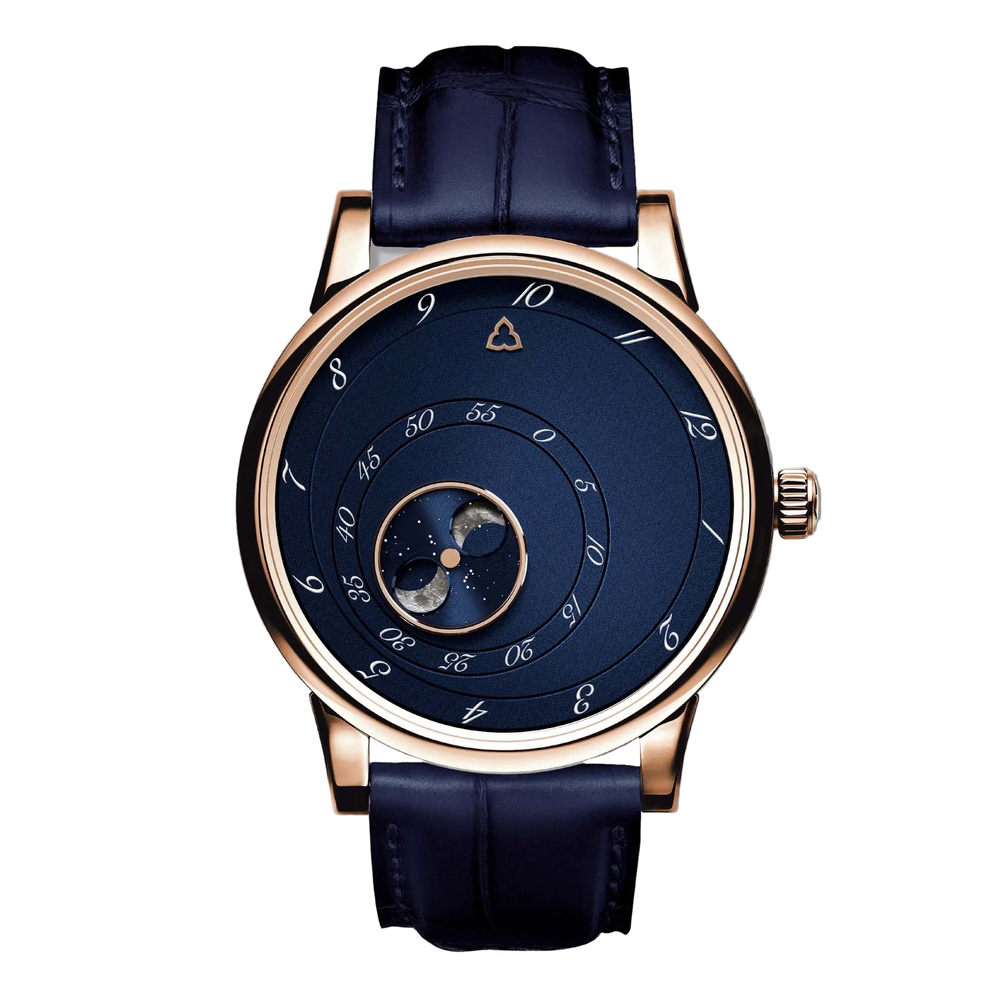 Trilobe Les Matinaux L’Heure Exquise in blue and rose gold redefines time-telling with rotating rings and poetic design, made in limited numbers.