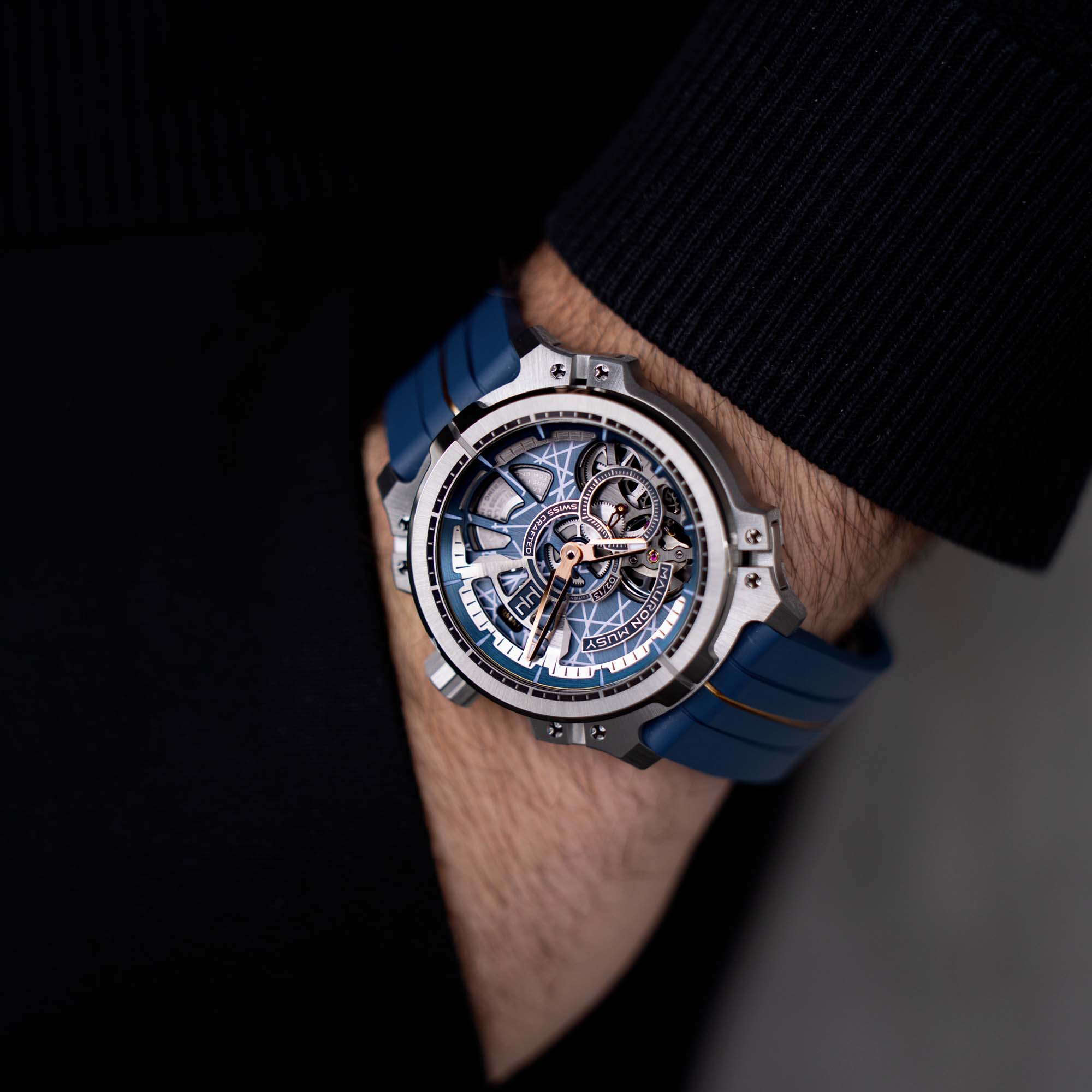 Mauron Musy MU05-103 Blueprint Titanium Skeleton, limited edition Swiss watch with revolutionary gasket-free sealing and lightweight titanium case.