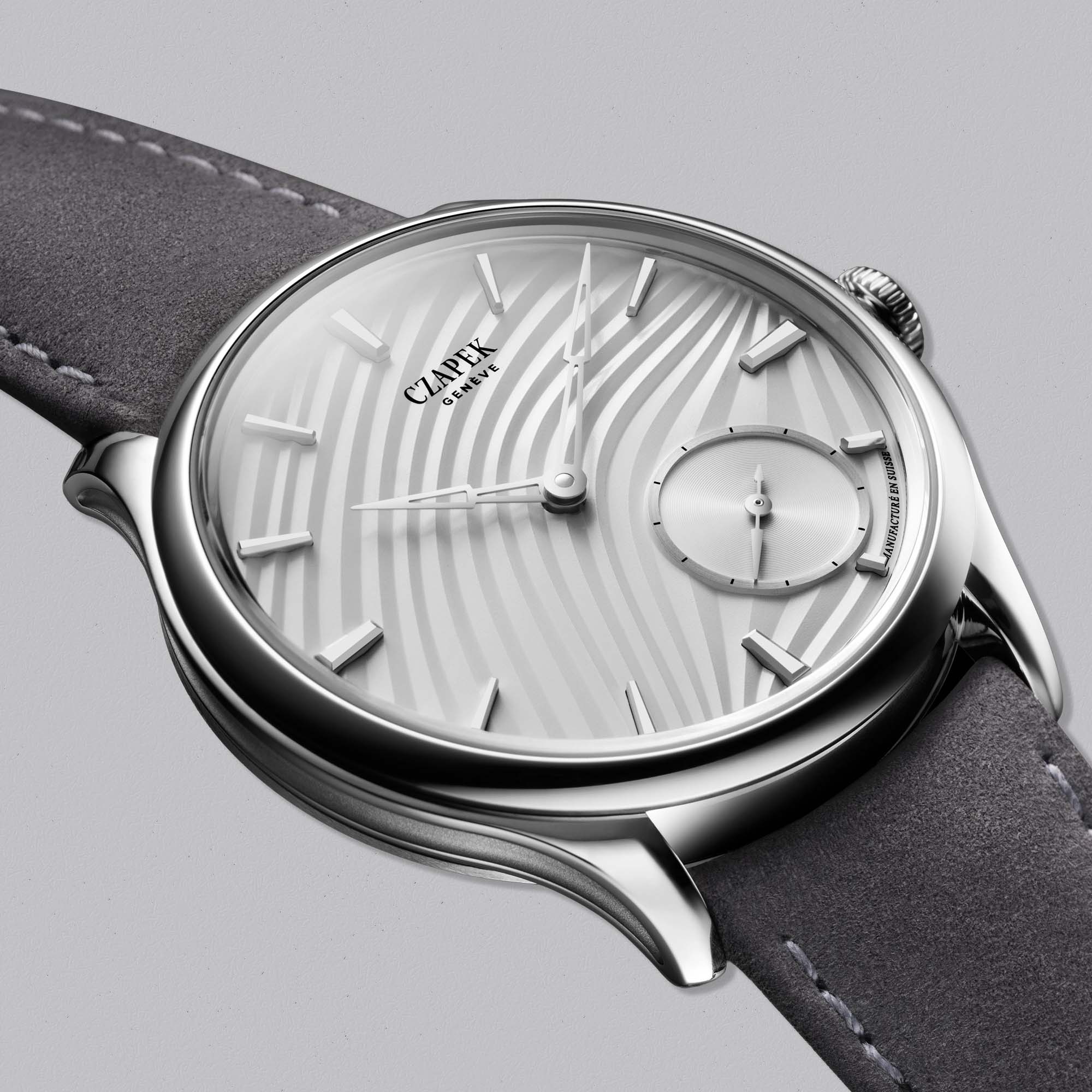 Discover the Czapek Promenade Plissé Pearl White. A contemporary dress watch with a pleated pearl white dial, produced in just 18 pieces.