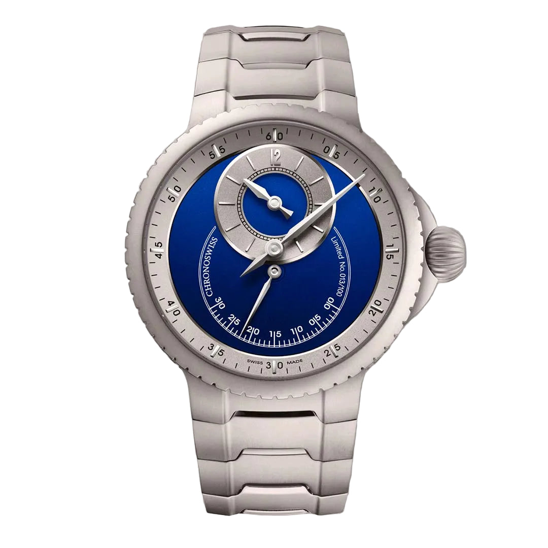 Chronoswiss Pulse One Blue in Grade 5 titanium with integrated bracelet, electric blue dial and Manufacture Calibre C.6001 regulator.