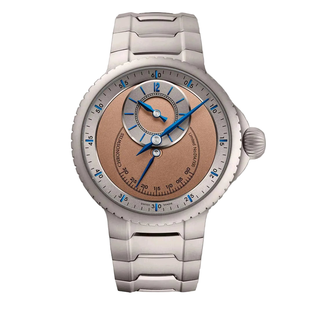 Chronoswiss Pulse One Sand in Grade 5 titanium with integrated bracelet, sand toned dial and Manufacture Calibre C.6001. Limited to 100.